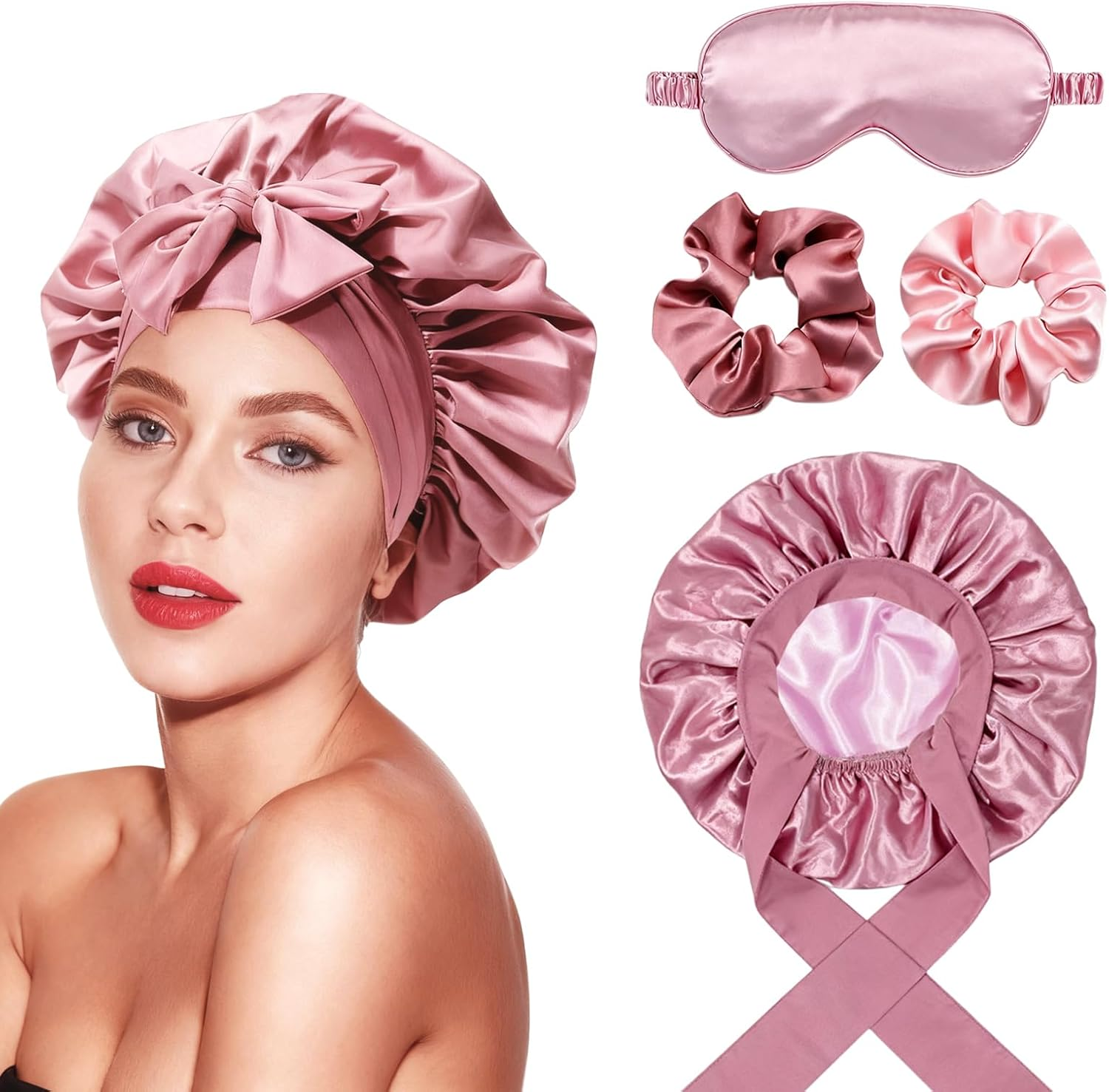 Langtaojin Silk Bonnets Collection:Double-Laver Hair Bonnet. Eye Mask & 2 Hair Ties for Overnight Care & Comfort. Soft Silk Bonnet for Comfortable Sleep Pink image number 4