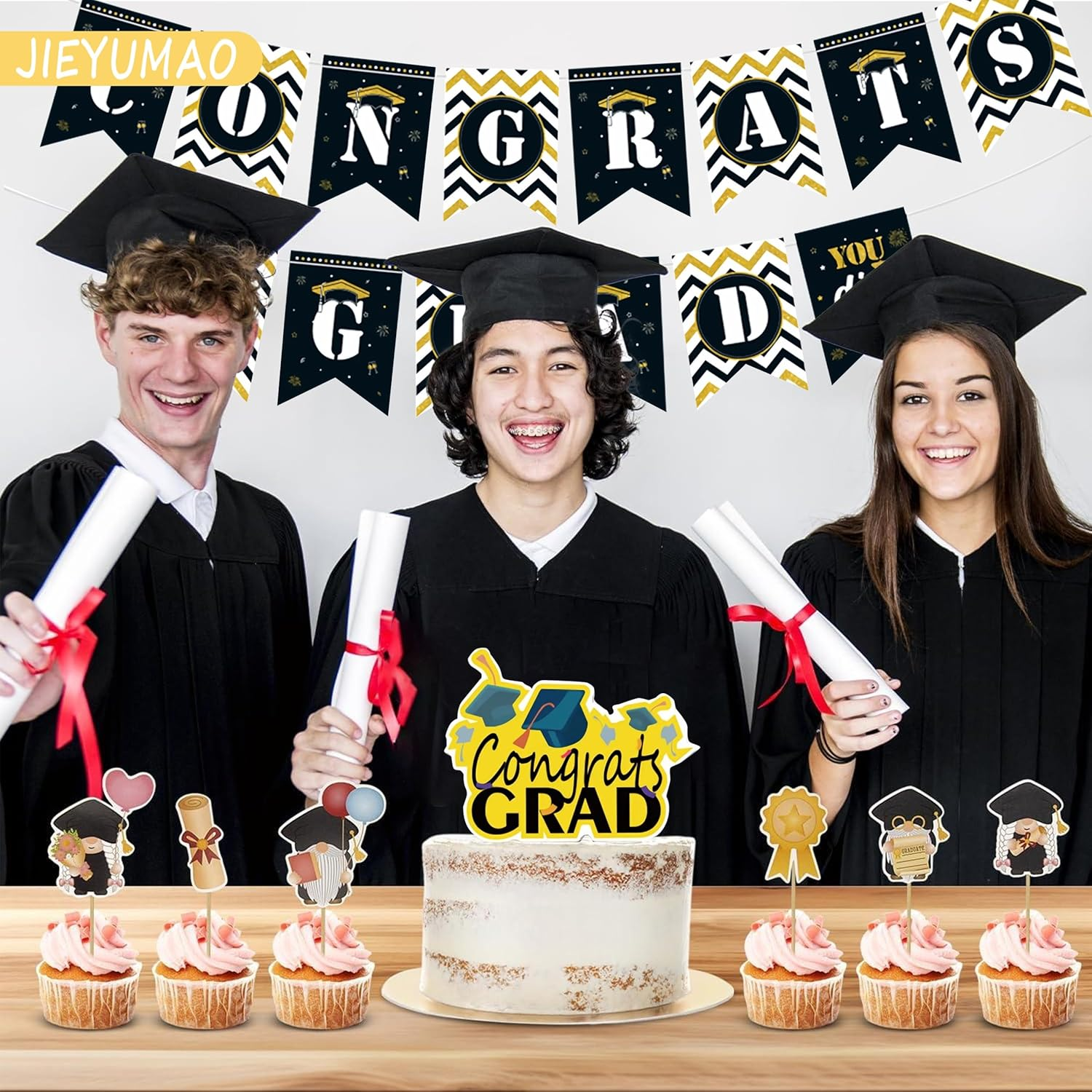 39Pcs Graduation Cake Topper, Black Gold Grad Cake Decor with Graduation Banner, Grad Cap Diploma Cupcake Picks Graduation Cupcake Toppers for Graduations Party Decorations