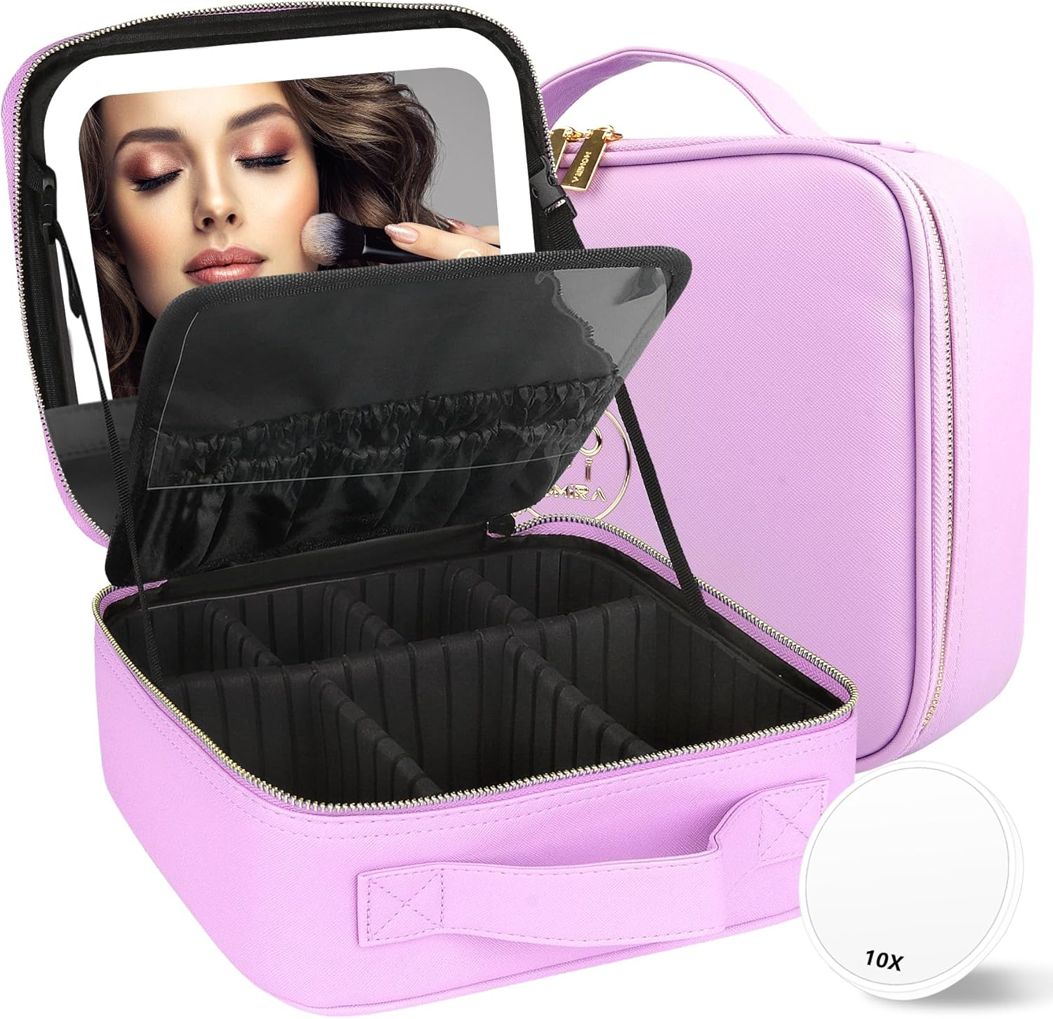 MOMIRA Travel Makeup Bag Cosmetic Bag with Illuminated Mirror, Adjustable Brightness in 3 Colour Scenarios, Gift for Women, Purple, Abnehmbarer Spiegel image number 3