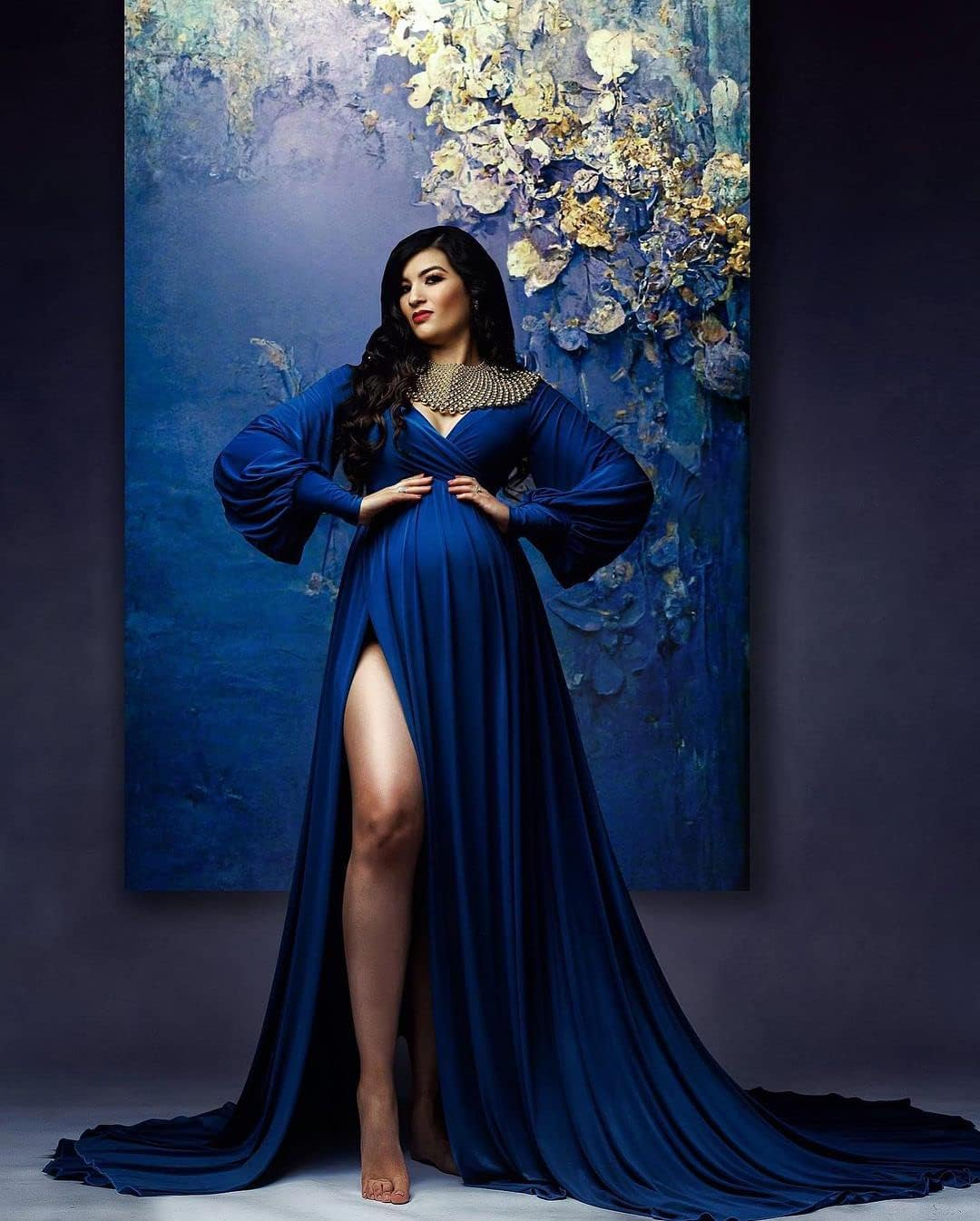 Choiyubella Maternity Gown Bishop Sleeves Baby Shower Dress Wrap Side Slit Sweetheart Maxi Photo Shoot for Photography