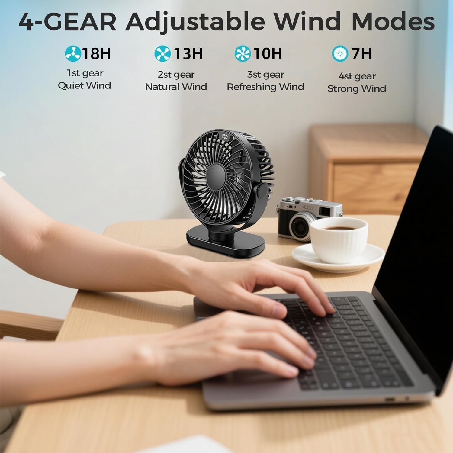 【Up to 18H】Rechargeable Desk Fan with LED Display &ndash; Portable 5000Mah USB Quiet Table Fan, 4-Speed 720&deg; Adjustable Cooling Fan for Home, Office, Bedroom, Travel, Outdoor image number 2