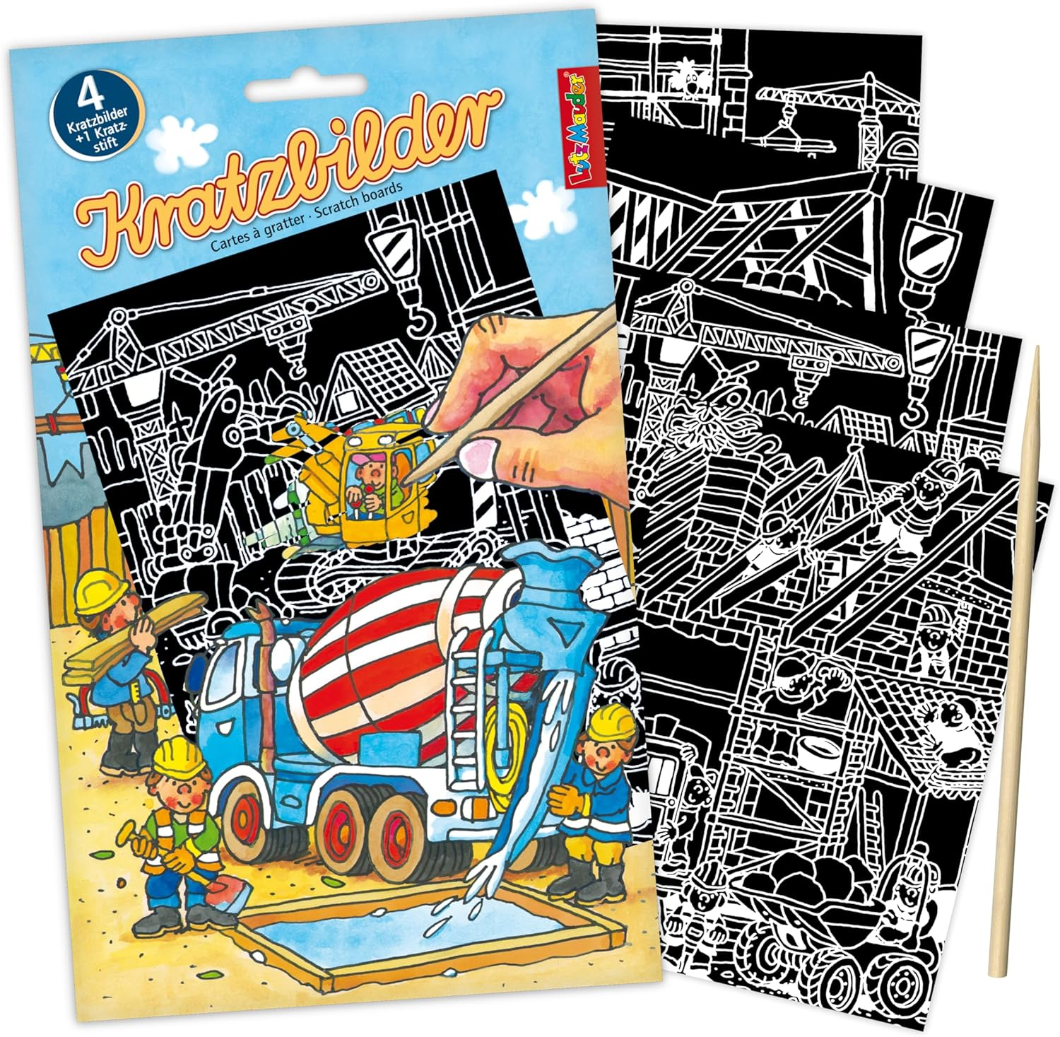 Lutz Mauder Scratch Pictures - Creative Painting and Craft Set for Children - 4 Designs Construction Site - Magic Rainbow Effects - DIY Scratch Paper - Wooden Pen - Scratch Block - Gift Idea for Girls image number 4