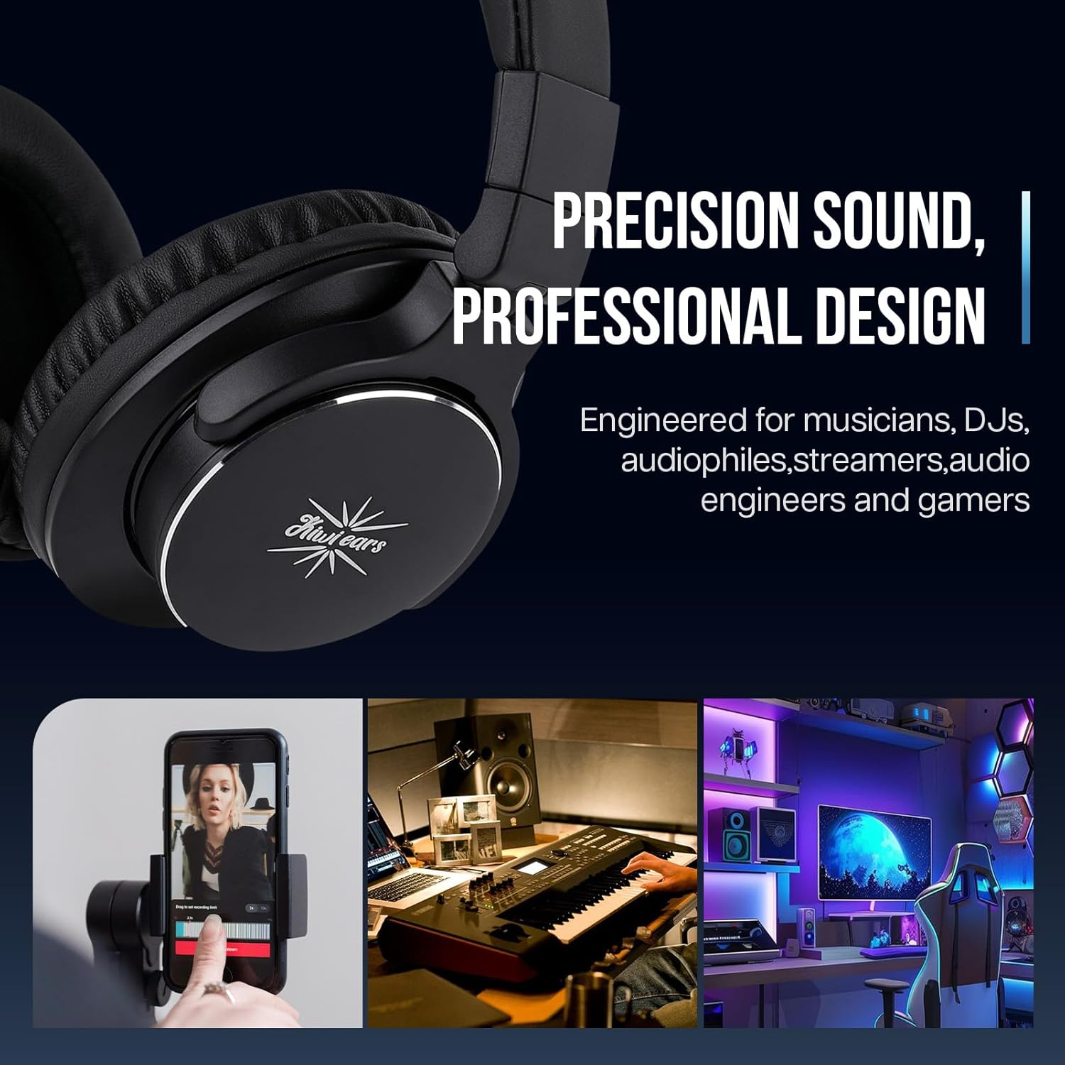 Linsoul Kiwi Ears Division over Ear Headphone, 40Mm Dynamic Driver Monitoring Headphones, Wired Gaming Headphone, DJ Headphones for Professional Musicians Engineers (Black)