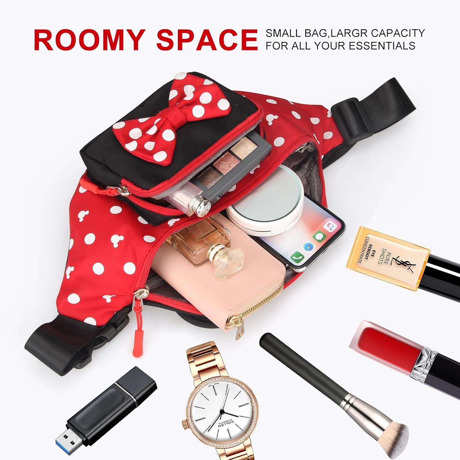 Cute Fanny Pack for Travel Fanny Pack Women Waist Pack Teen Girls Mini Mouse Belt Bag Cartoon Fanny Pack Hiking Bum Bags Outdoor Waist Bag with Mouse Ears, Red, Small, Disney Fanny Pack image number 2
