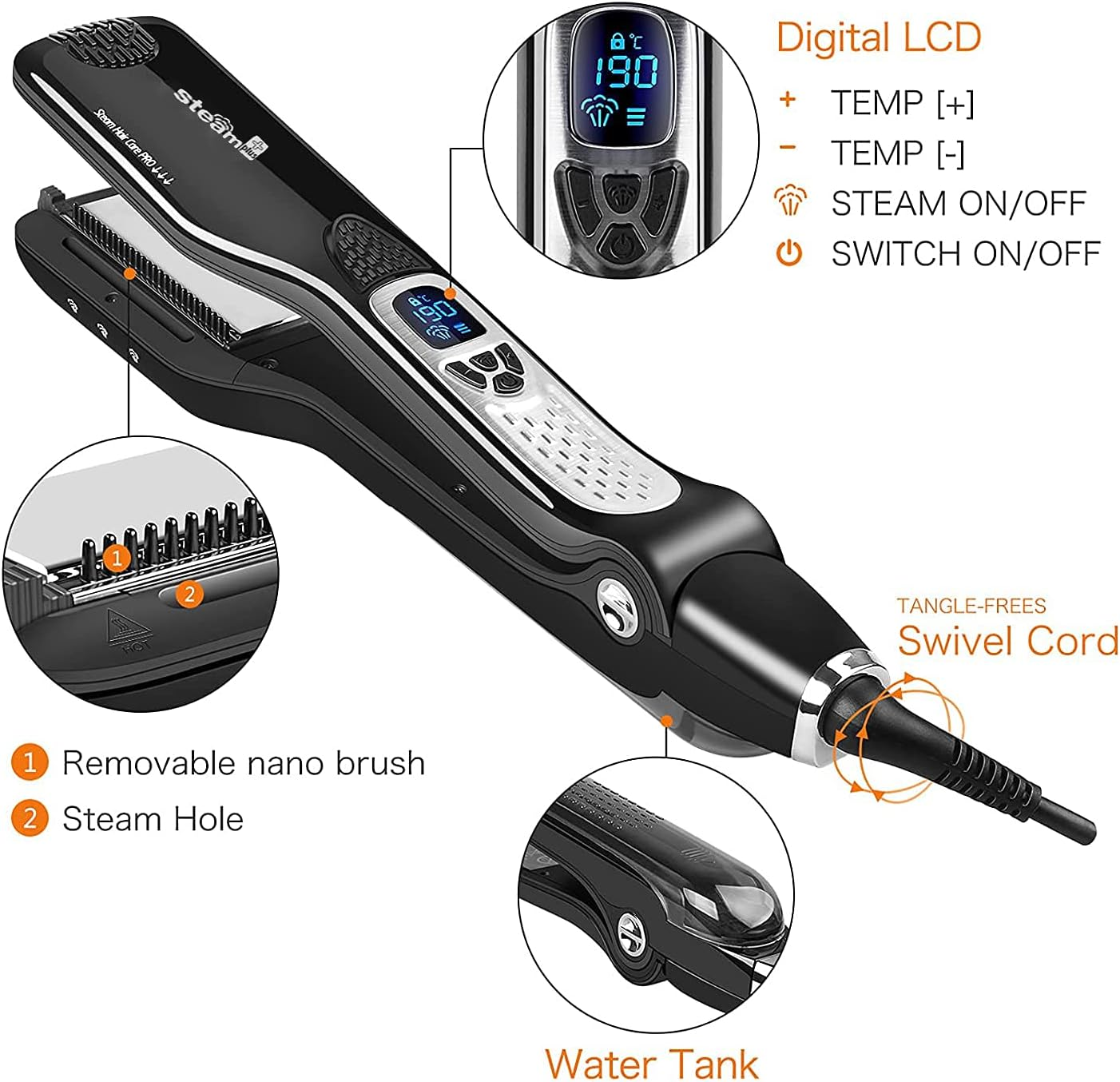 Hair Straightener with Steam,Salon Professional Nano Titanium Ceramic Steam Flat Iron with Removable Comb+Digital LCD+5 Level Adjustable Temperature+Auto Temperature Lock (Black) image number 5