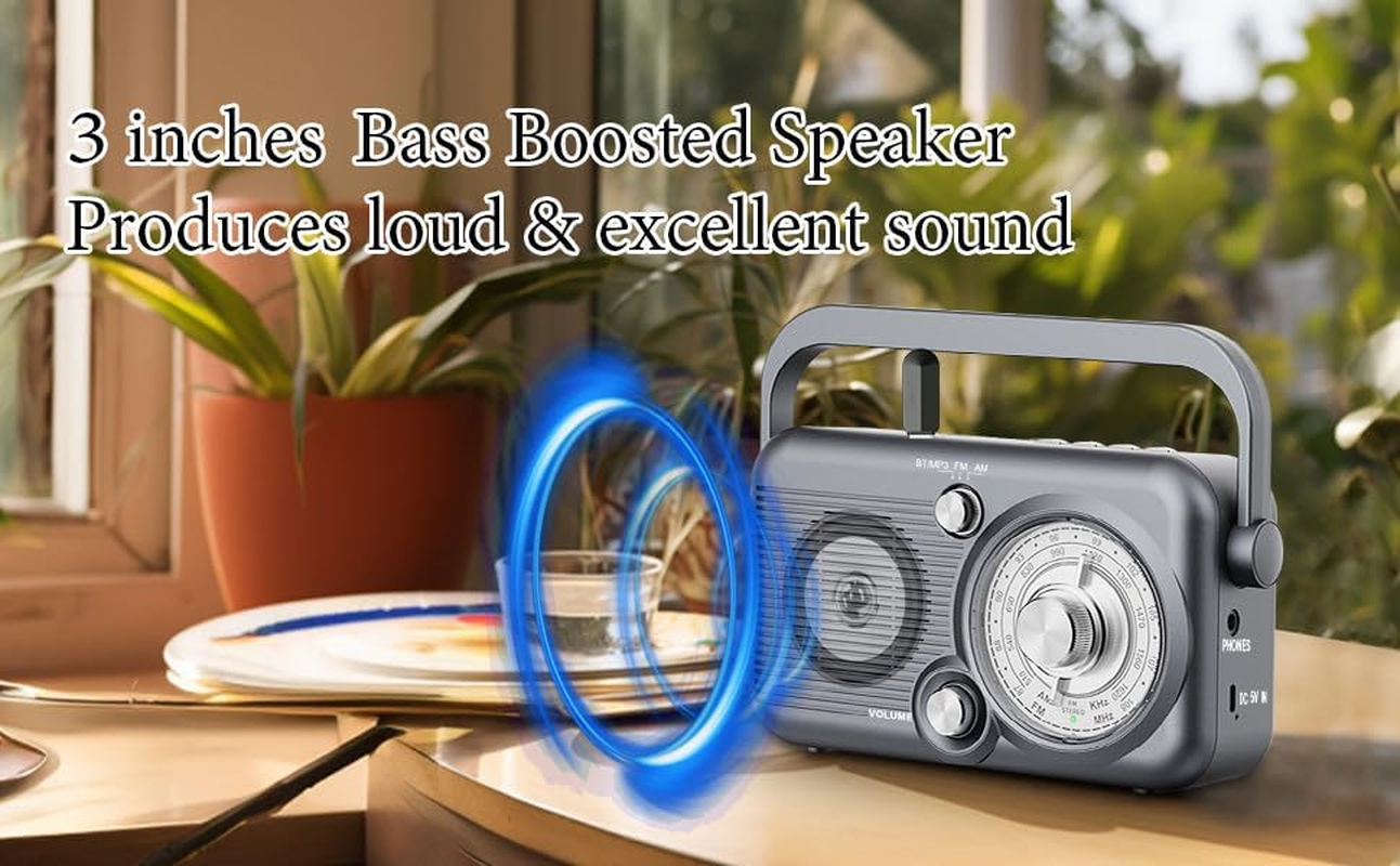 AM FM Radio, Portable Radio Support Battery Operated or AC Power, 5W Speaker with Bluetooth, Supports USB/TF/AUX Function, Simple Radio for Seniors image number 3
