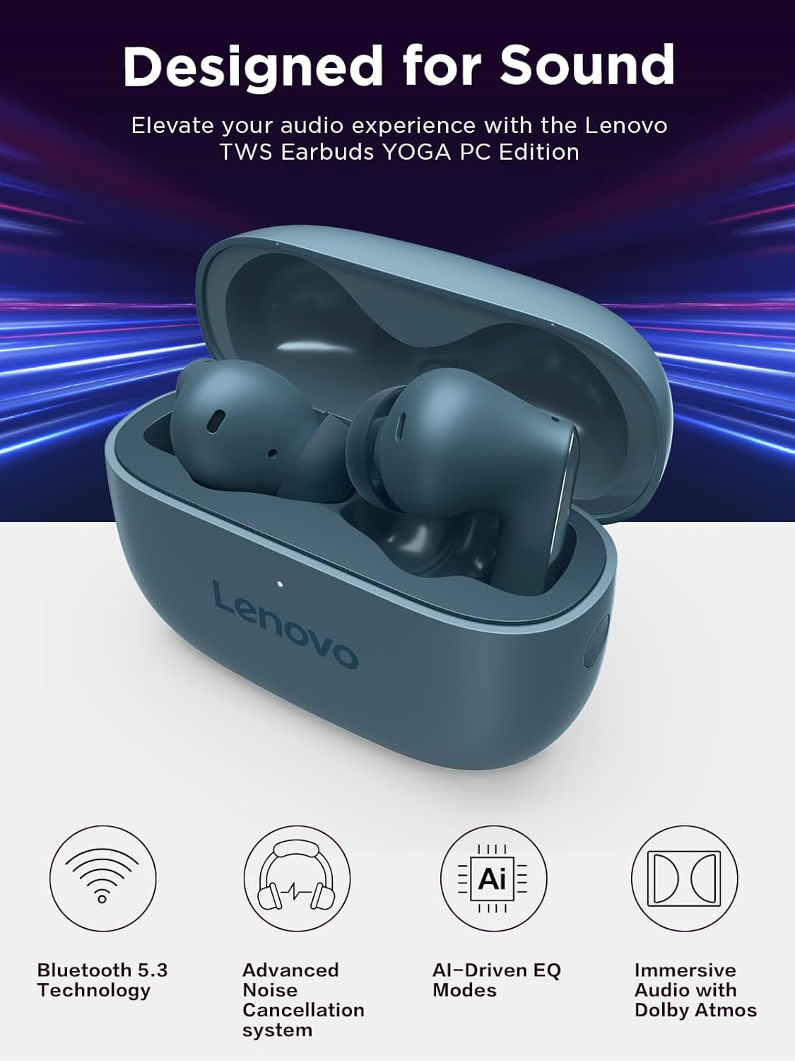 Lenovo TWS Earbuds Yoga PC Edition Tidal Teal Active Noise Cancellation Bluetooth 5.3 Wireless Earbuds ENC 3-Mic Clear Calls AI EQ Mode Switch for Gaming, Movies, Music, and Meetings - Tidal Teal image number 2