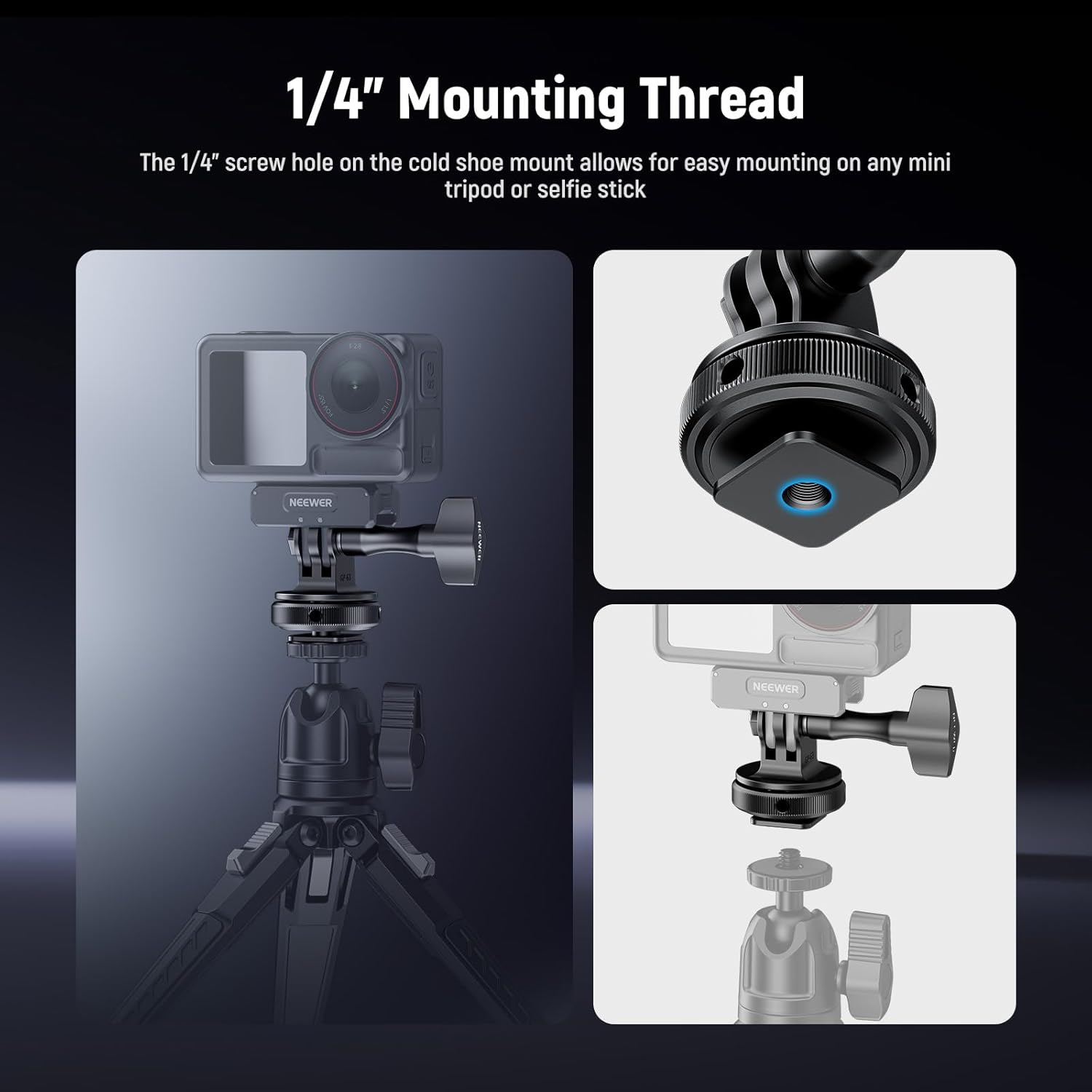 NEEWER Action Camera Cold Shoe Mount Adapter Compatible with Gopro Accessories Go Pro DJI Insta360 AKASO, Metal 1/4" Thread Hot Shoe Mount for Mini Tripod Selfie Stick, 180&deg; Tilt, GP-63 image number 5