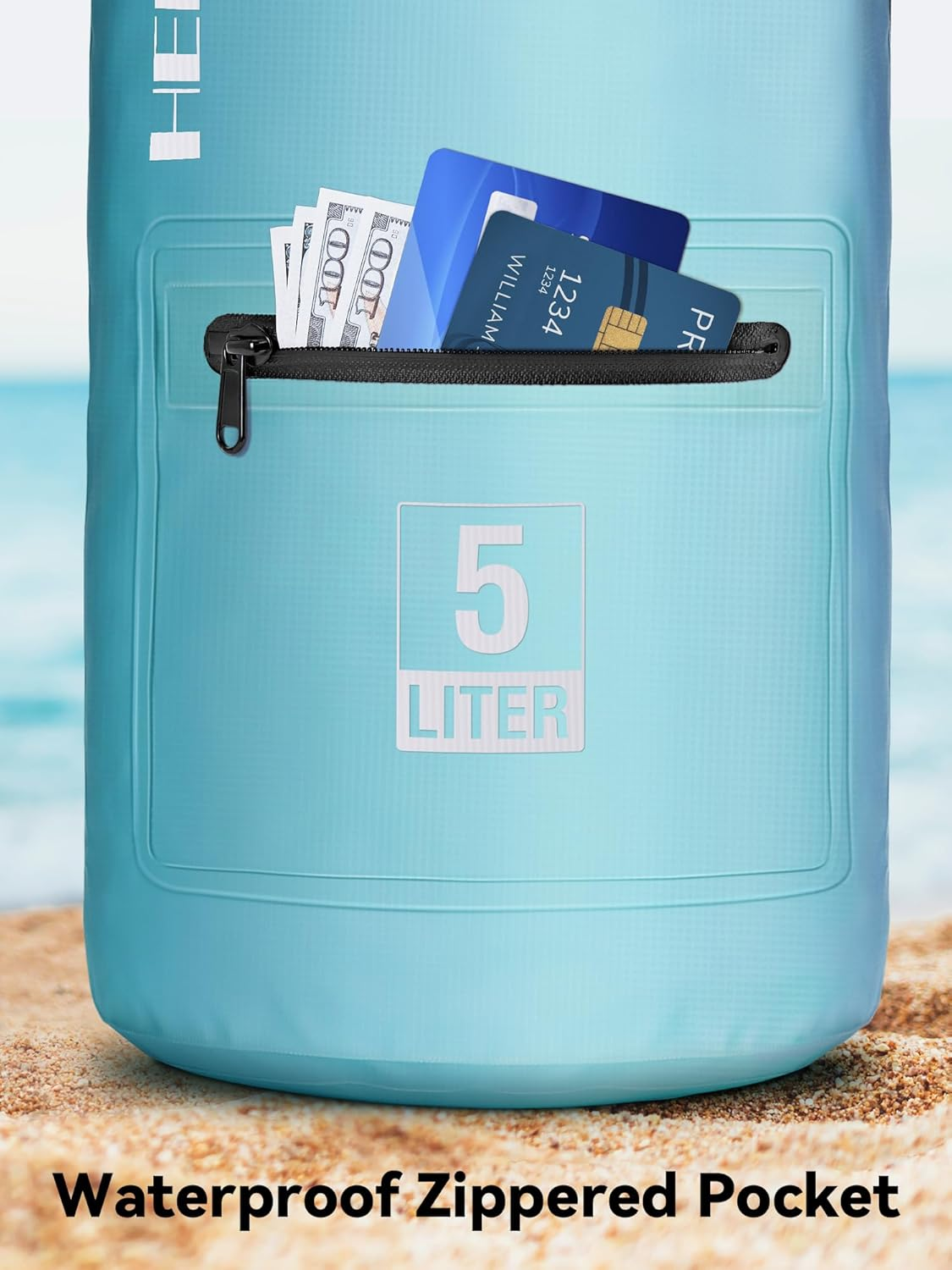 HEETA Waterproof Dry Bag with Front Zippered Pocket for Women Men, 5L/10L/20L/30L/40L Roll Top Lightweight Dry Storage Bag Backpack for Travel, Kayaking, Boating, Rafting, Camping, Beach (Blue, 10L) image number 4