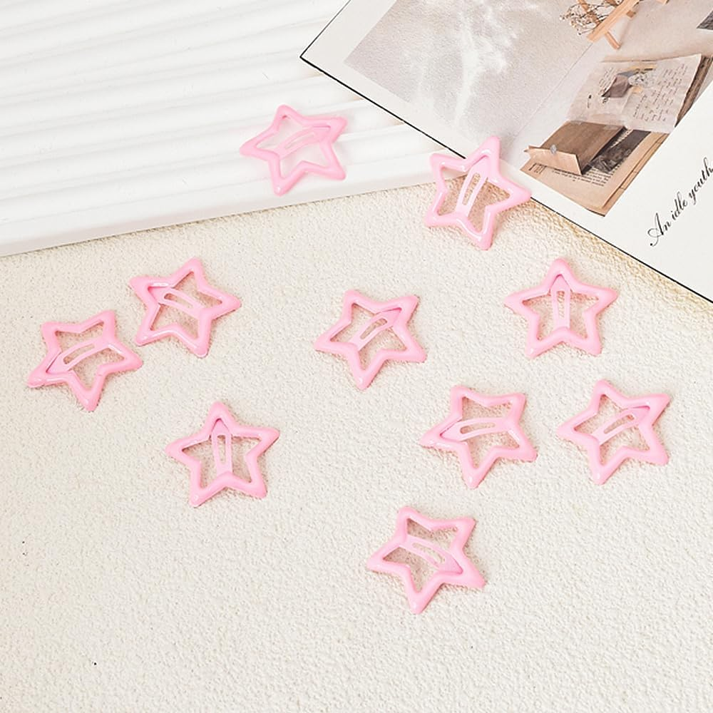 Pink Star Snap Hair Clips Y2K Non Slip Colored Metal Hair Clips Snap Hair Barrettes for Thick Thin Hair 10 PC 1.22 in Star Hairpin Headdress Headpiece Cute Hair Accessories for Women Teen Girls image number 4