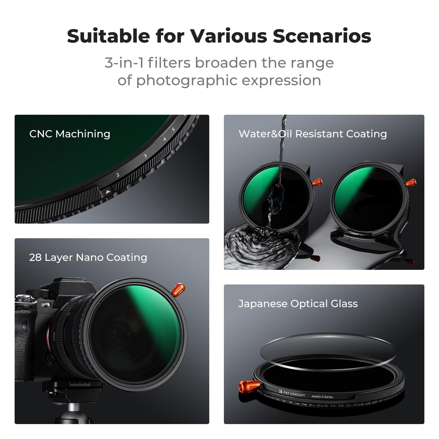 K&F CONCEPT 55Mm ND2-32 & Black Diffusion 1/4 & CPL 3 in 1 Filter, Mist Cinematic Effect Circular Polarizer Variable Neutral Density Camera Lens Filter 28 Multi-Coated Waterproof Anti-Scratch (Nano-X) image number 4