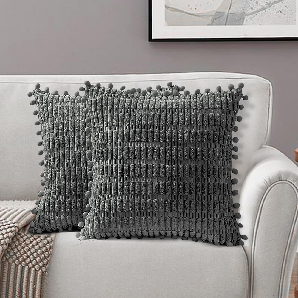 AUTOWT 2 Packs Decorative Throw Pillow Covers - 45 X 45 Cm Outdoor Cushion Cases with Pom-Poms - Boho Home Decor - Square Striped Corduroy Pillowcase for Couch Sofa Bed Bedroom Living Room (Green)