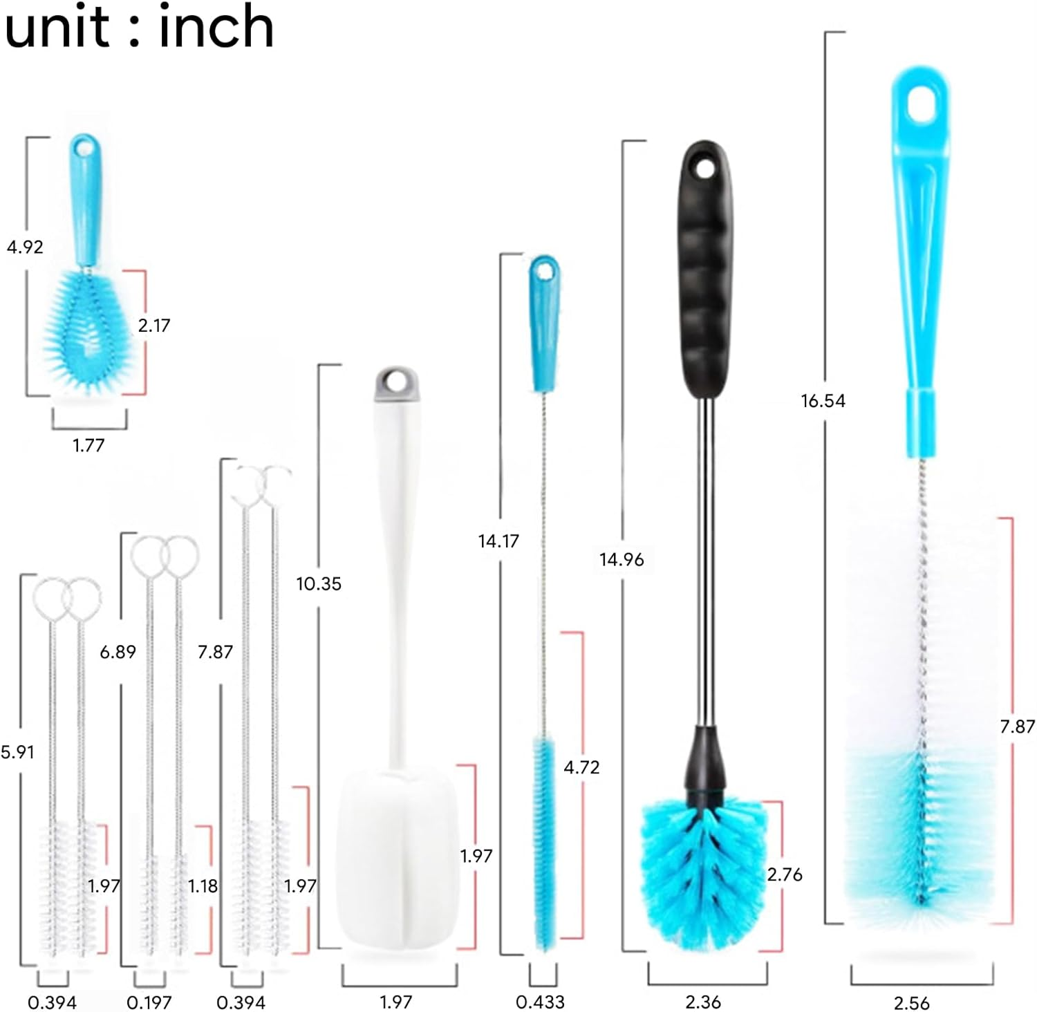 Bottle Brush Cleaning Set with Long Handle &ndash; Includes Narrow Neck Beer, Wine, Decanter, Pipe, Lids, Sink Cleaning Brushes &ndash; 7.9-16 Inch Multi-Purpose Brushes &ndash; White image number 5