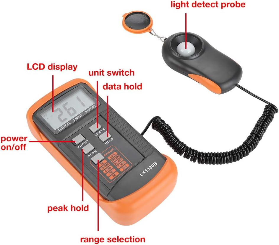 Light Meter, Illuminance/Light Meter LX1330B Digital Luxmeter LCD Display Digital Illuminance Meter 0-200,000 Lux Meter, Digital Illuminance Lux Meter Luminometer