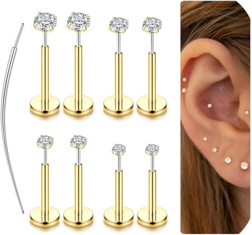 Kakonia 14K Gold Filled Threadless Nose Studs CZ Nose Rings for Women Men 316L Surgical Steel Labret Studs Lip Rings Push in Flat Back Stud Earrings CZ Nose Nostril Tragus Helix Piercing Jewelry 16G