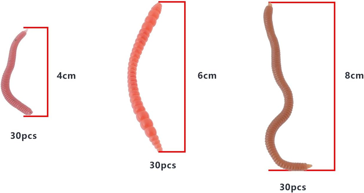 Briny River 90Pcs Realistic Worms Drop Shot Soft Worm Lures Soft Fishing Lure 30Pcs 4Cm Red Lures 30Pcs 6Cm Red Lures 30Pcs 8Cm Brown Lures Soft Plastic Worms Fishing Worms image number 5