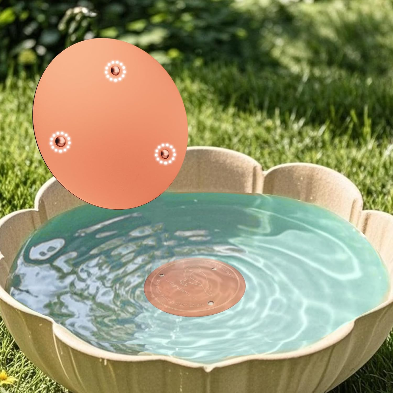 Bird Bath Copper Disk &ndash; 99.99% Pure Copper Water Cleaner, 1 Mm Thick with Stable Triple-Point Support, Safe Natural Solution for Outdoor Birdbaths Bowls, All-Season Use,Bird,1Pcs image number 3