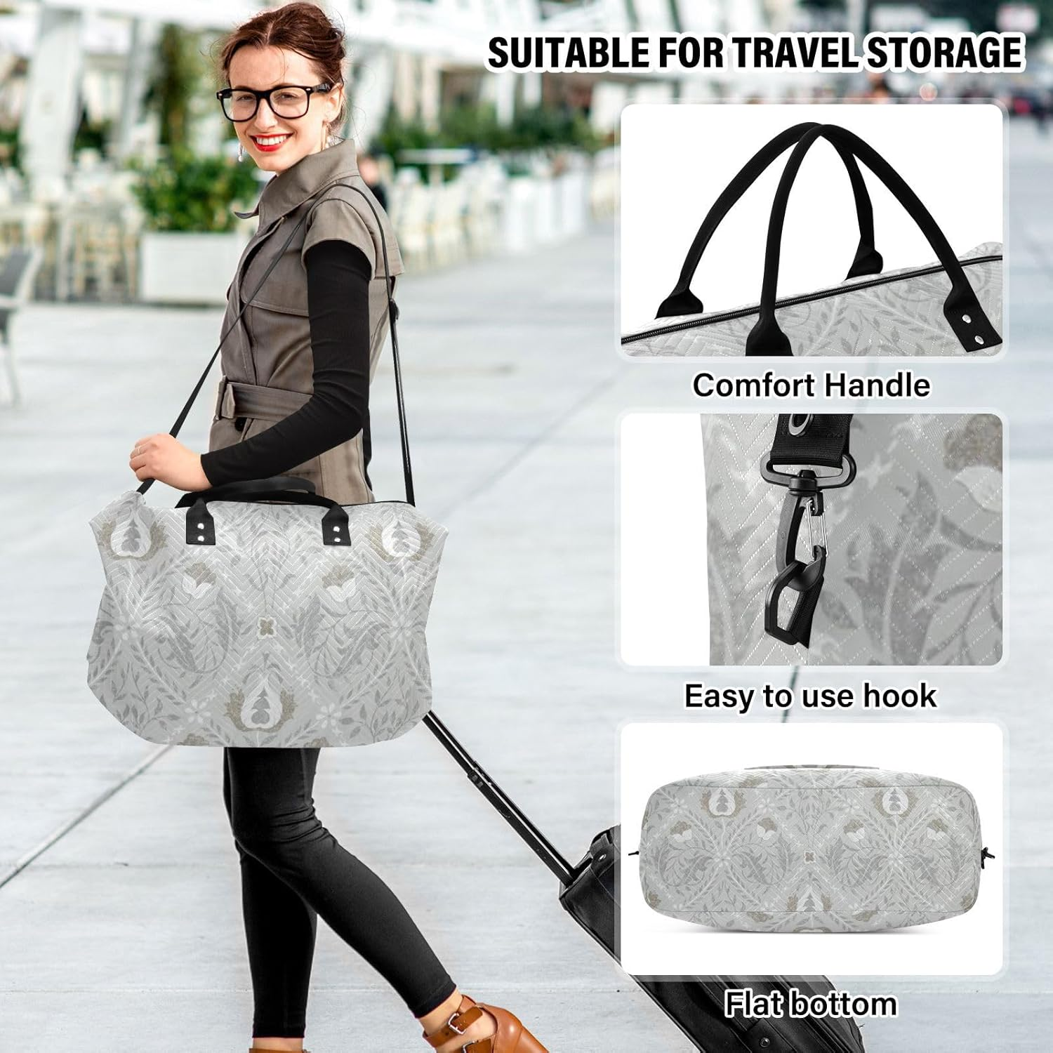 Grey Vintage Flower Texture Travel Tote Bag Travel Weekender Gear Bag Gym Tote Bag with Adjustable Strap for Yoga Multifunctional, Grey Vintage Flower Texture, 1 Size image number 5