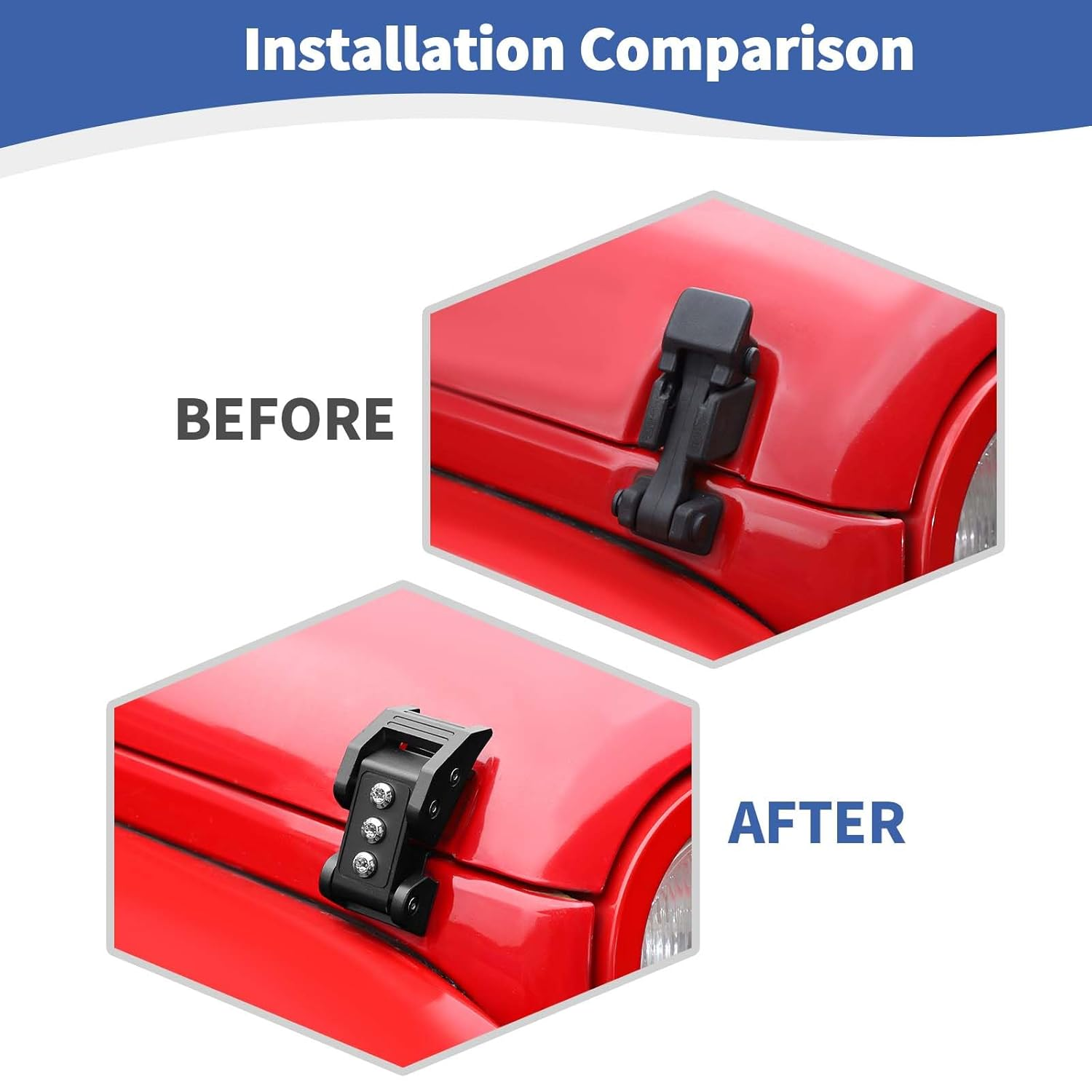 RT-TCZ Hood Latches for Jeep Wrangler & Gladiator | Black Aluminum Alloy & Stainless Steel Locking Catch Kit | Fits JK (2007-2017), JL (2018+), JT (2020+) | Screw Style - Black-Screw Style image number 6