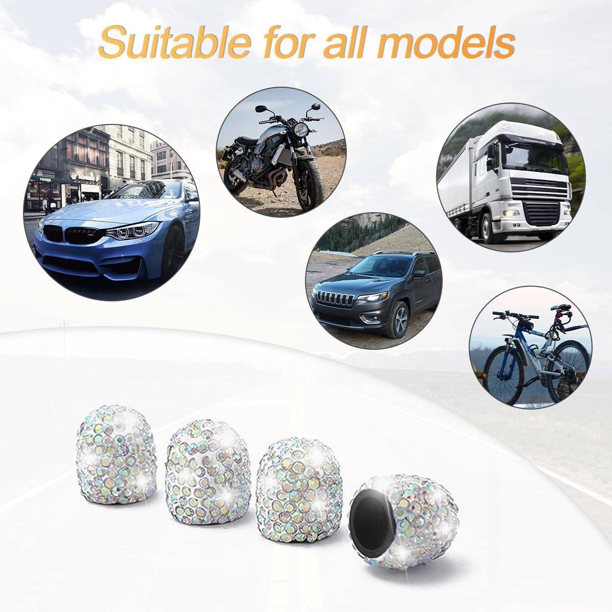 CGEAMDY 4 Pieces Universal Car Valve Caps, Crystal Diamond Valve Caps, Crystal Rhinestone Car Tyre Caps, Tyre Valve Dust Caps, Bicycle Tyre Valve Caps (AB) - Ab image number 5