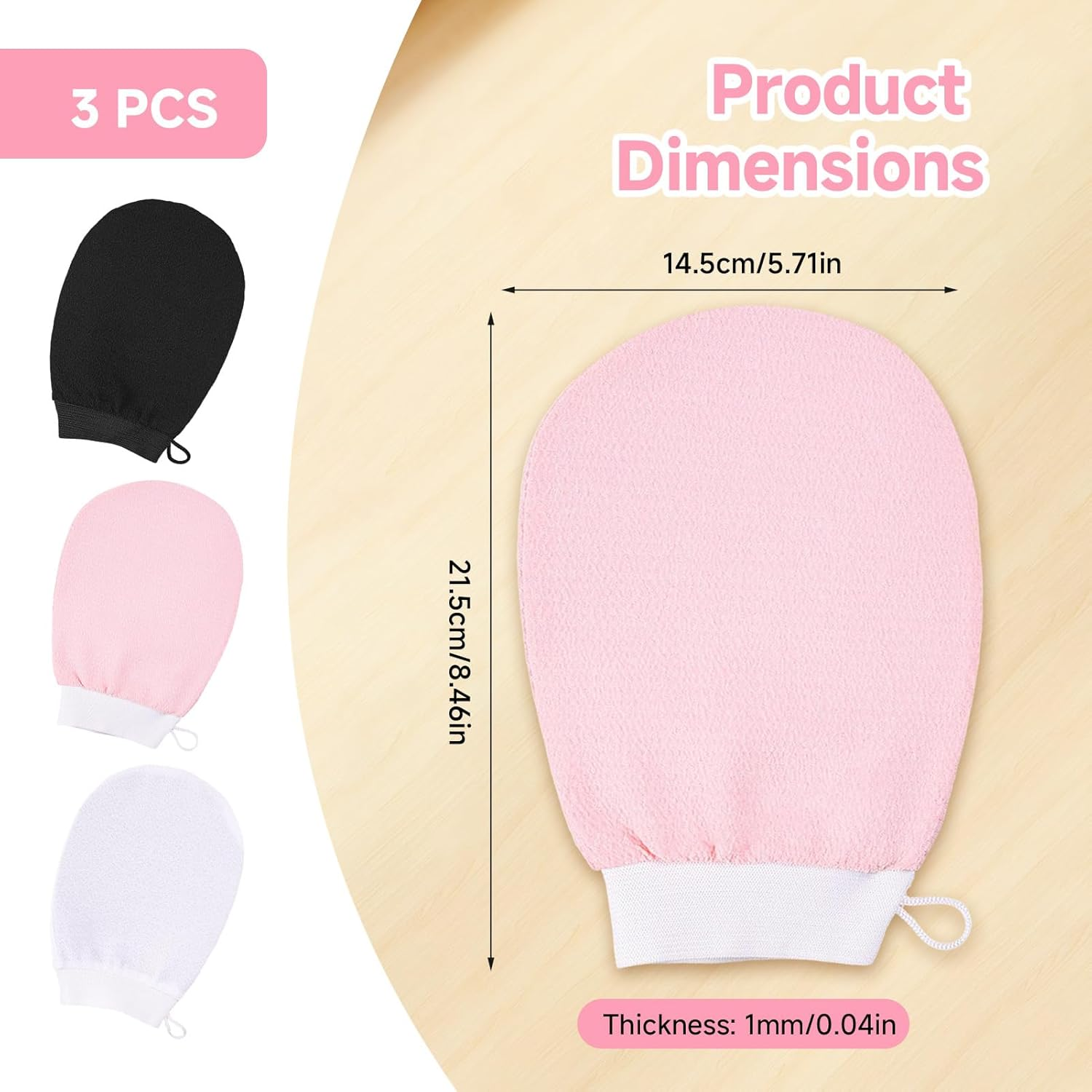 Havenease 3-Pack Korean Exfoliating Mitts & Gloves Set,Deep Cleansing Scrub Gloves,Remove Dead Skin Bath Body Scrub Mitt for All Skin Types and Improve Blood Circulation,Spa,Shower,Dead Skin Cell Remover (White, Pink, Black) image number 1