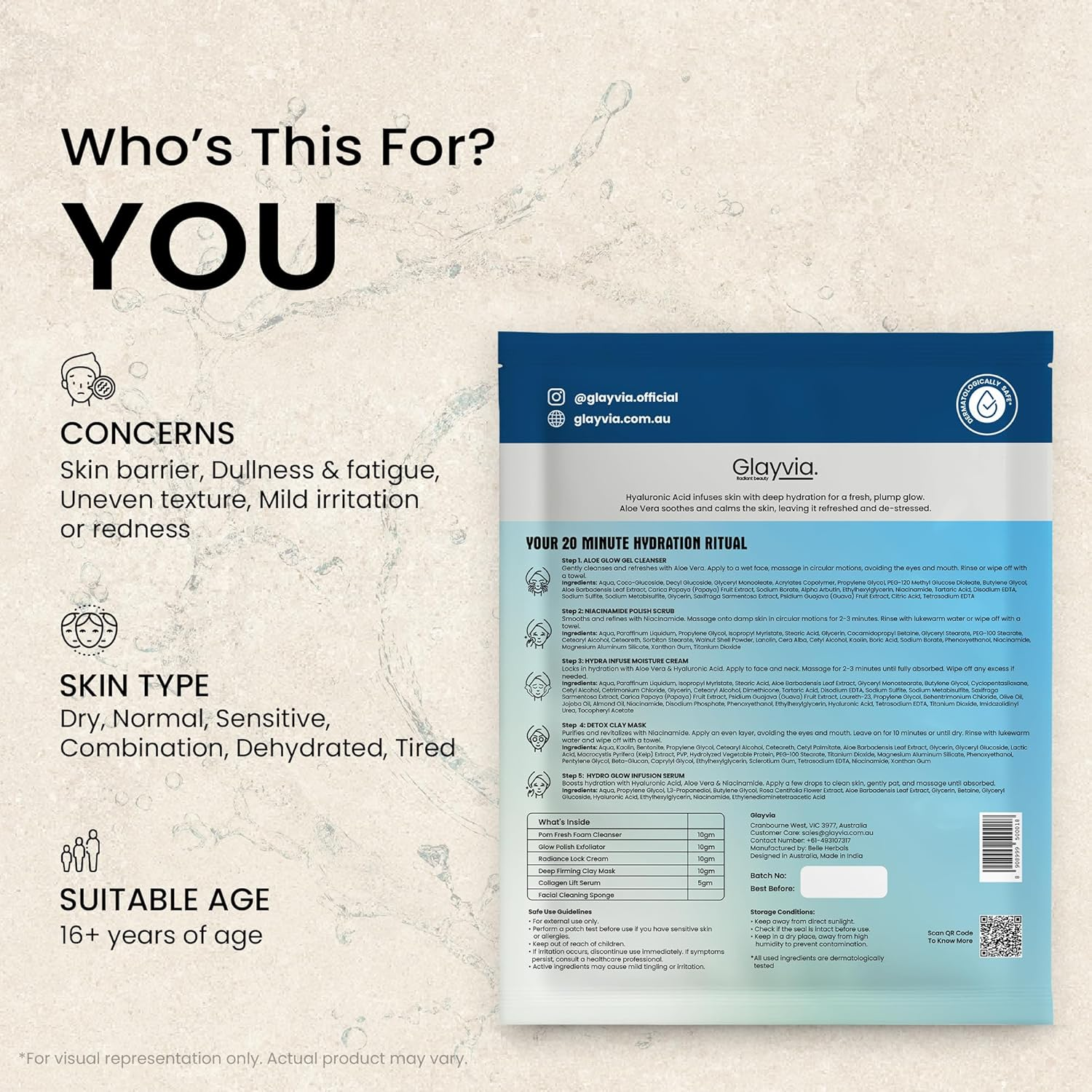 Glayvia Hyaluronic Skincare Routine Kit &ndash; 5-Step Single-Use Hydration Routine | Hyaluronic Acid + Niacinamide + Aloe | Fragrance Free, Parabens Free & Sulphate Free | 20-Minute At-Home Facial image number 2