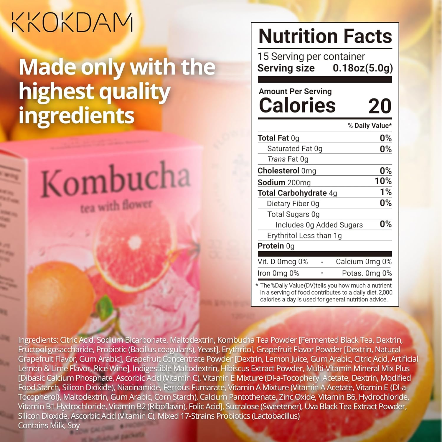 KKOKDAM Kombucha Tea - Korean Grapefruit & Hibiscus Tea: Kombucha with 15 Packs of Kombucha Beverages, Probiotic & Low Calorie Support & S 5G (Pack of 15) image number 4