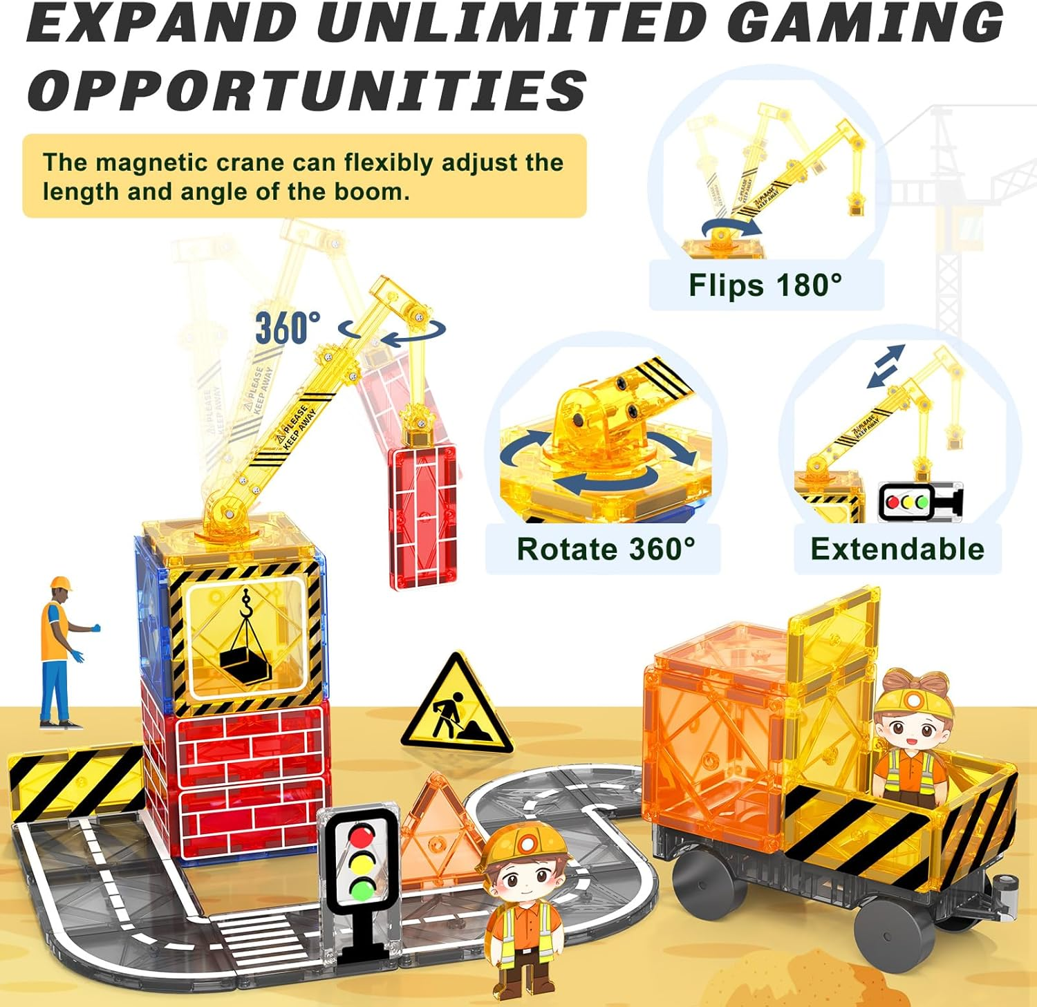 Kids Games Magnetic Tiles Road Set with Extendable Magnetic Crane, City Construction Building Toys for Toddlers STEM Preschool Toys Ages 4-6 5-7, Gifts for 3+ Year Old Boys Girls Kids Toys with Car image number 5