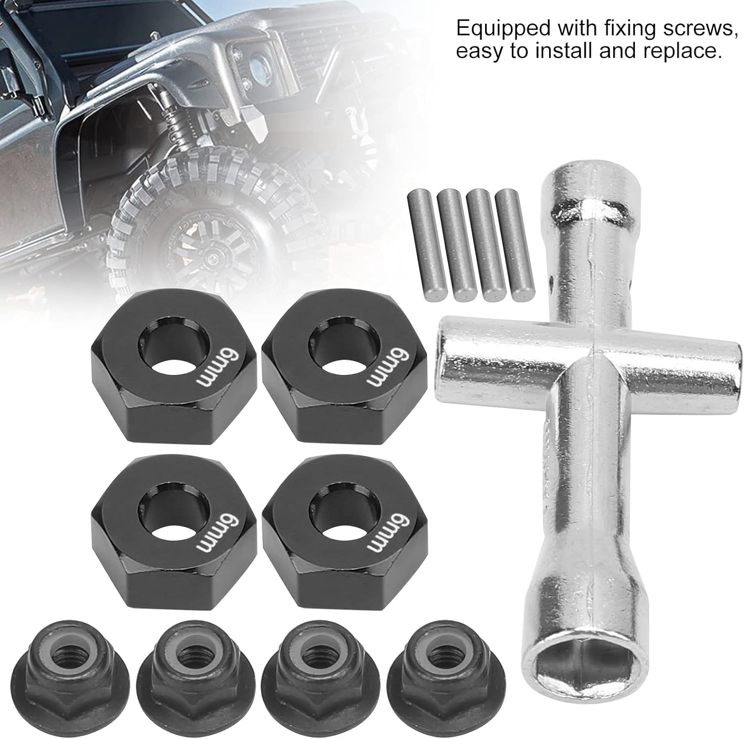 Wheel Hex Hub Adapter Set, Lock Nuts Cross Wrench Set 12Mm Wheel Hub Adapter 1/10 RC Car Upgrade Parts 6Mm for 1/10 RC Car(Black)