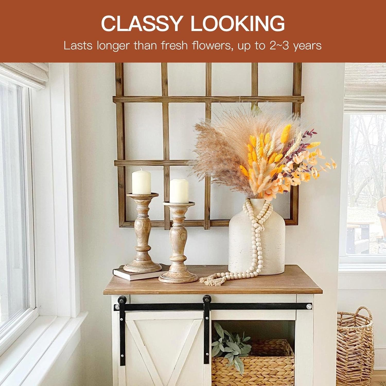 Fall Decor for Decorations for Home Autumn Thanksgiving Table Boho Flowers Orange Pampas Grass Fluffy Dried Flower Bouquet Dry Pompas 17"-95-Pcs Pompous (Orange) image number 1