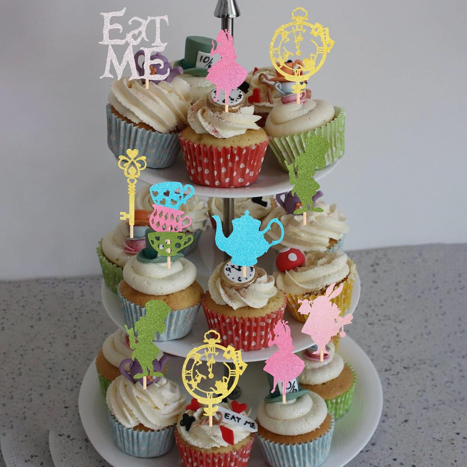 24 Pack Alice in Wonderland Cupcake Toppers Glitter Bowl Key Clock Fairy Eat Me Cupcake Picks Tea Party Cake Decorations for Baby Shower Kids Boys Girls Birthday Party Decoration Supplies image number 1