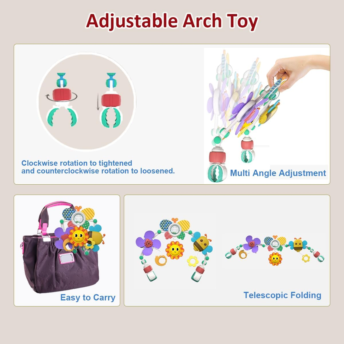 Baby Hanging Stroller Play Arch Toy, Crib Accessory and Car Seat Activity Mobile Adjustable Arch Toys with Animals, Travel Sensory Crib Toy for Babies Boys and Girls image number 4