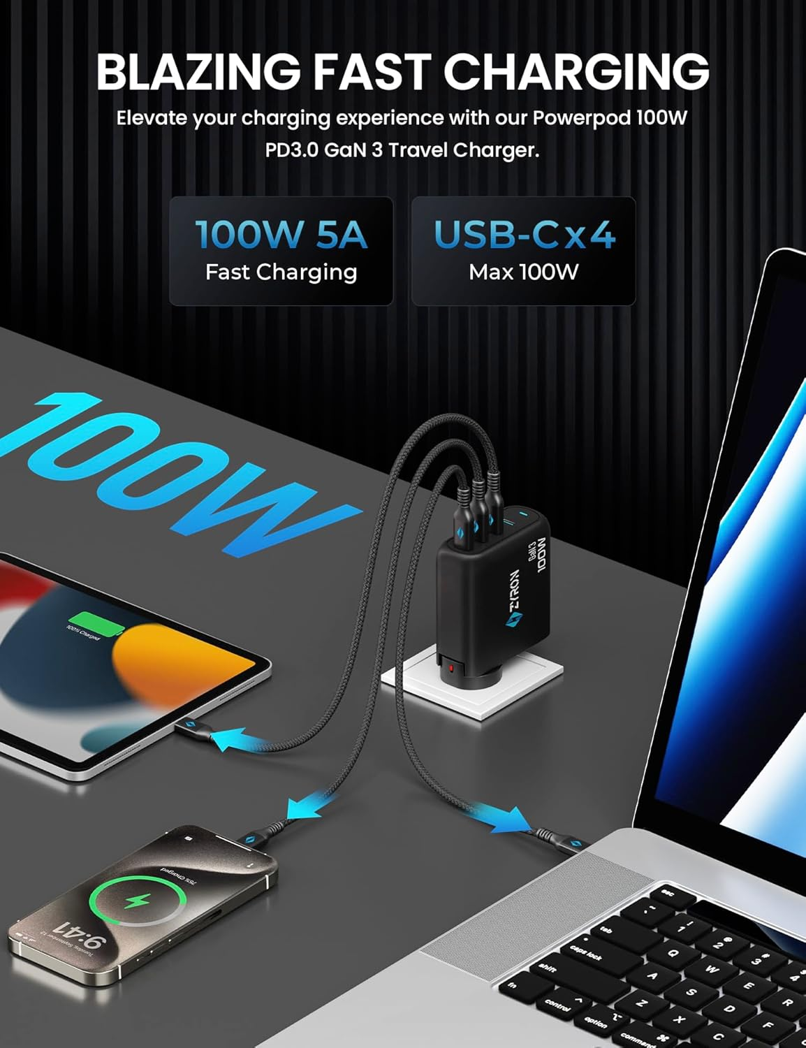 Zyron 100W USB C Charger, 4 Ports Multi USB-C Wall Plug with Power Cord, 100W/65W Gan 3 Fast Charger, PD 3.0 Travel Charger for Iphone 15, Macbook, S23 + Travel Adapters, 2M Cable & Travel Case image number 3