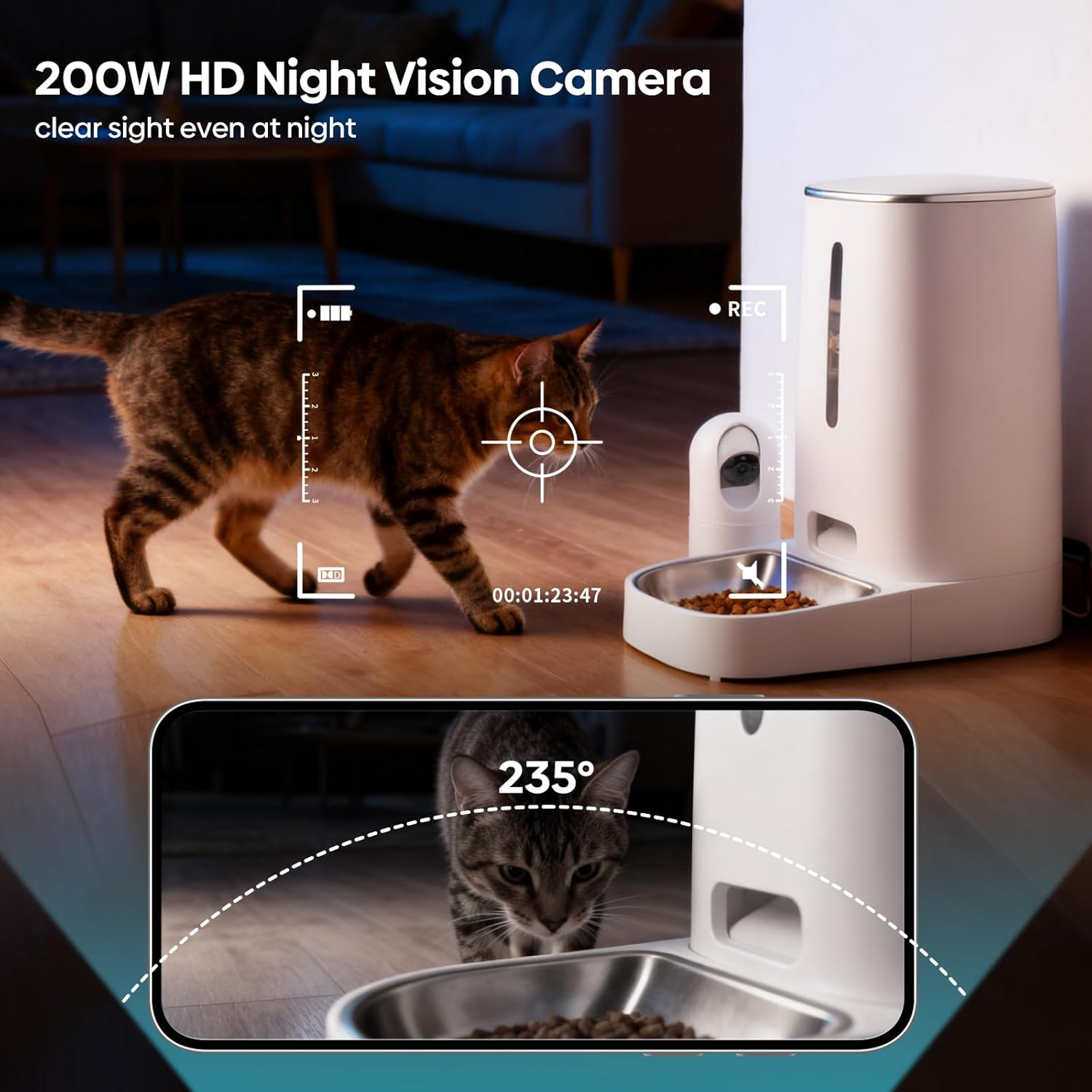 Advwin Automatic Cat Feeder with Rotating Camera, 1080P HD Video with Night Vision, 5G Wifi APP Pet Feeder for Cat & Small Dog, 2-Way Audio & Meal Call Pet Food Dispenser with Motion Detection image number 2