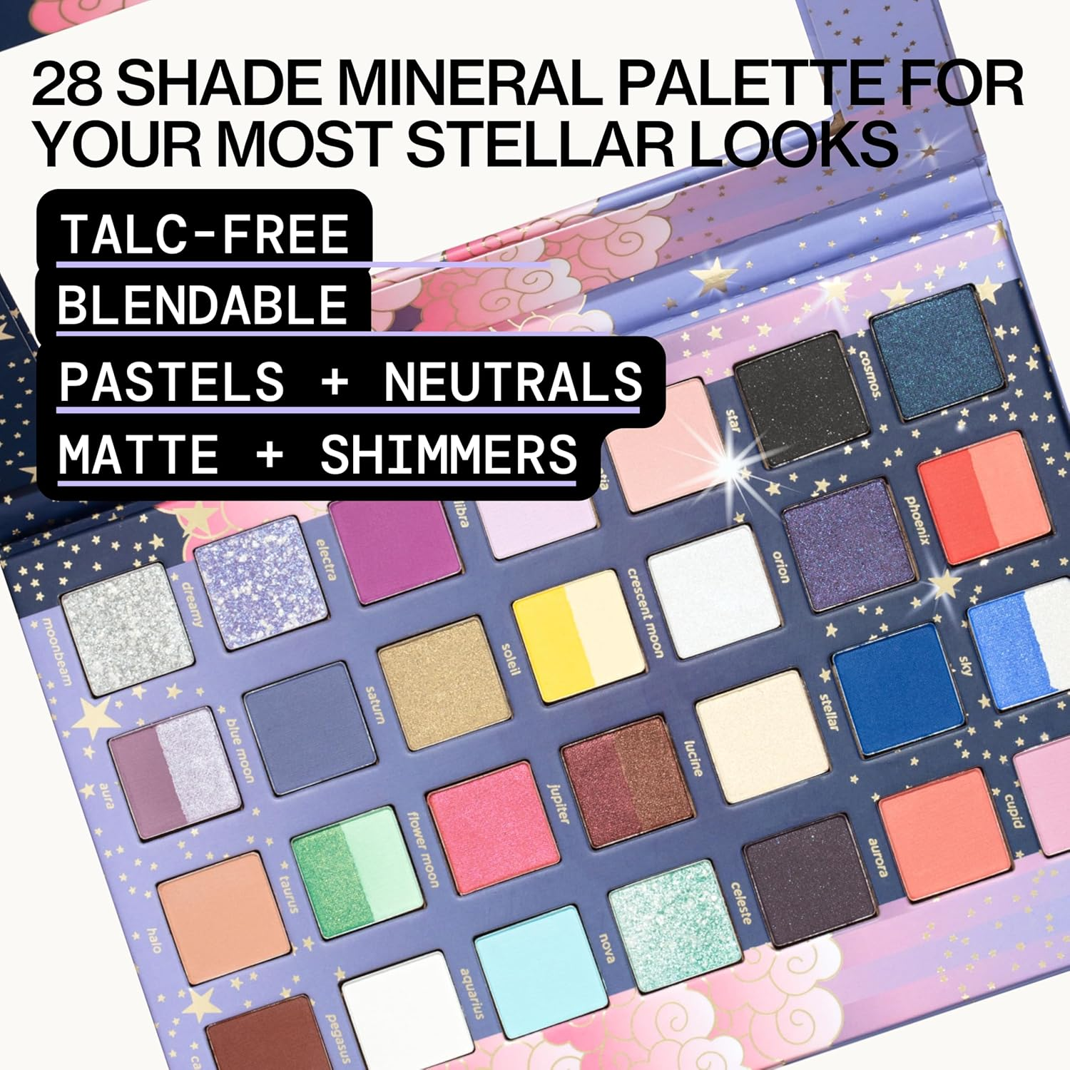 Pacifica Beauty, Stellar Gaze Eye Shadow Palette, 28 Eyeshadow Shades, Mineral Eyeshadow, Matte, Shimmer and Glitter Mica Shades, Vitamin E, Made from 100% Recyclable Paper, Vegan and Cruelty Free image number 6