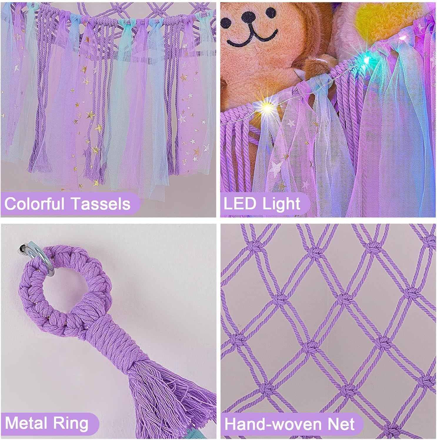 Stuffed Animals Toy Hammock Net, Kids Toy Storage with LED Light Hooks, Stuffed Animals Holder for Soft Bears Toys, Corner Hanging Toy Organizer Storage for Nursery Kids Bedroom Decor(Purple) image number 2