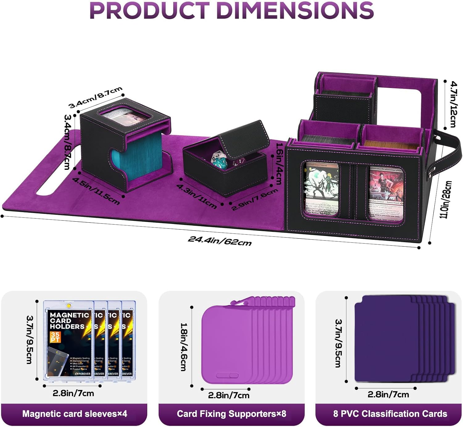 Cyperever Trading Card Storage Box for MTG, Card Storage Box with Commander Display, Multi-Purpose MTG Deck Box for Graded Storage with 4 Toploaders, 8 Stoppers, 8 Dividers (Black & Purple) image number 2