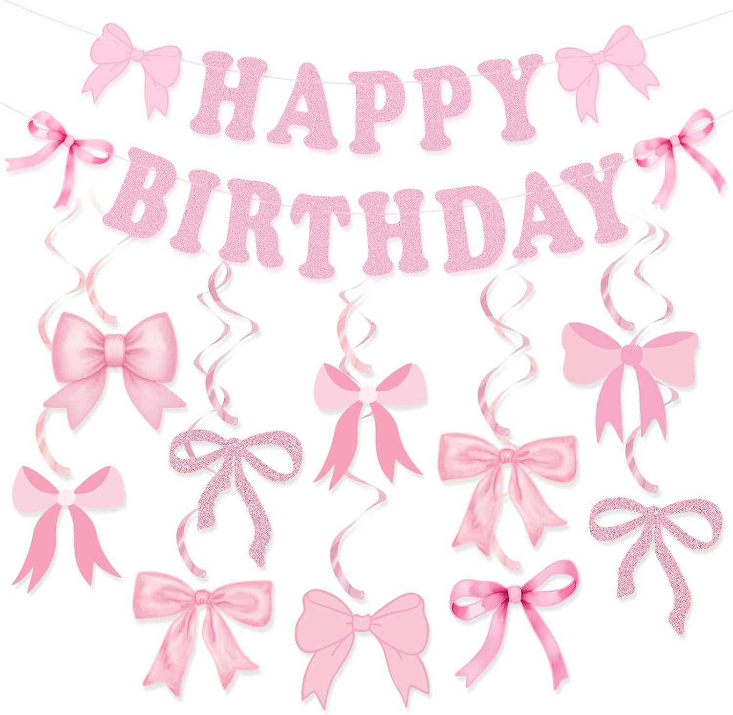 Pink Birthday Party Decorations, Pink Bow Party Banner with 14Pcs Bow Swirls Hanging Garland, Girl Baby Shower Garland, Coquette Birthday Decoration for Wall, Fireplace, Window image number 5