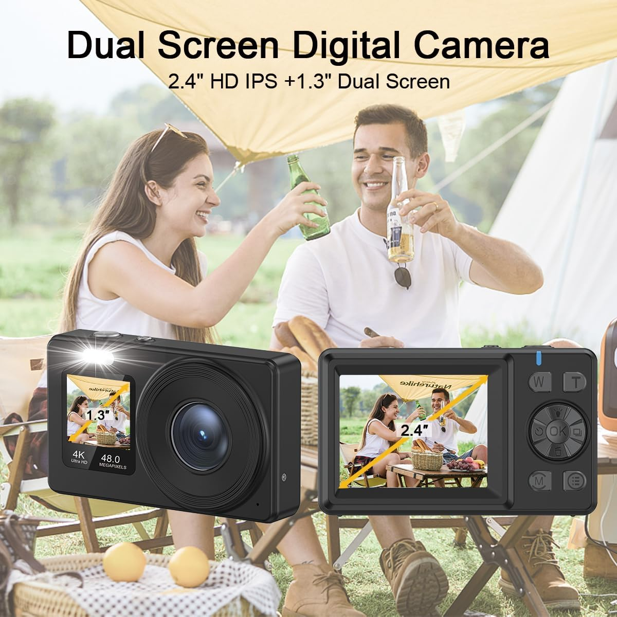 Dual-Screen 4K Digital Camera, with a 2.4" LCD Rear Screen and a 1.3" Front Screen, a 48-Megapixel Full HD Camera, an 18X Zoom Function, Nd a 64GB Memory Card, Black - White image number 7