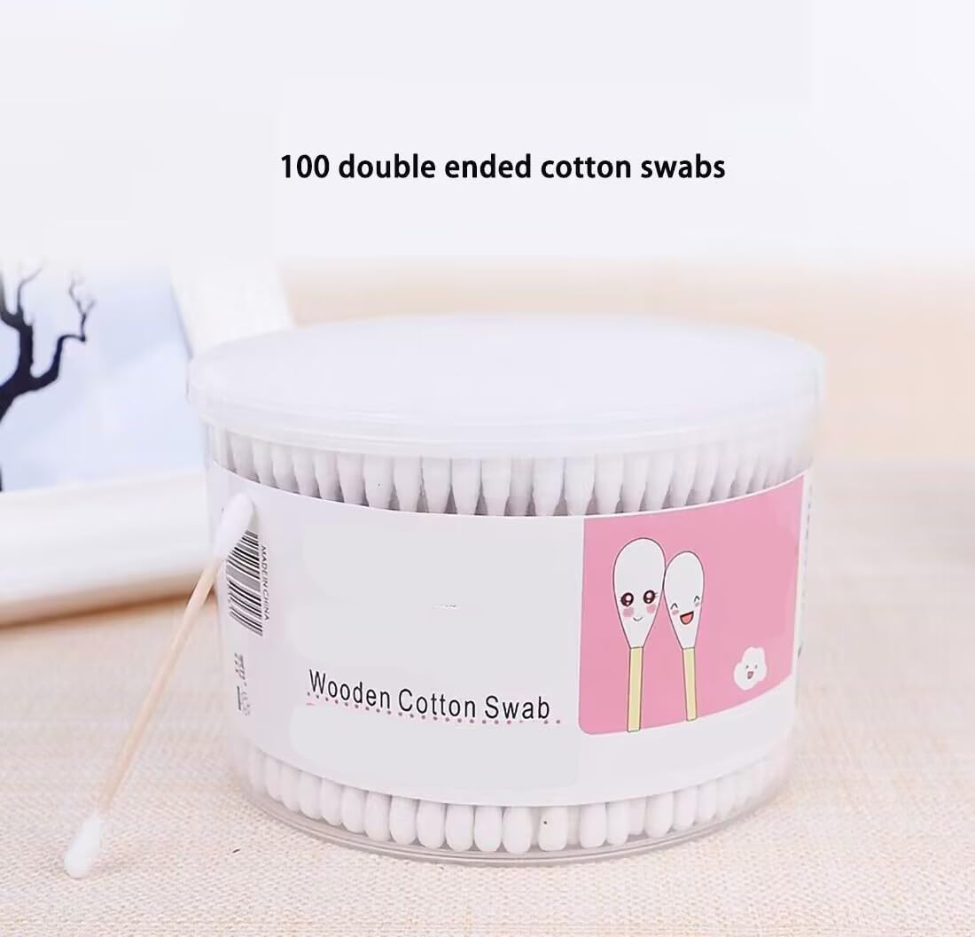 Household Disposable Makeup Cotton Swabs, 100 Double Headed Cleaning Cotton Swabs, 2 Circular Boxes, 1 Pack of Makeup and Facial Towels, Suitable for Wound Treatment and Ear Removal, Soft Daily Necessities for Beauty and Makeup image number 2