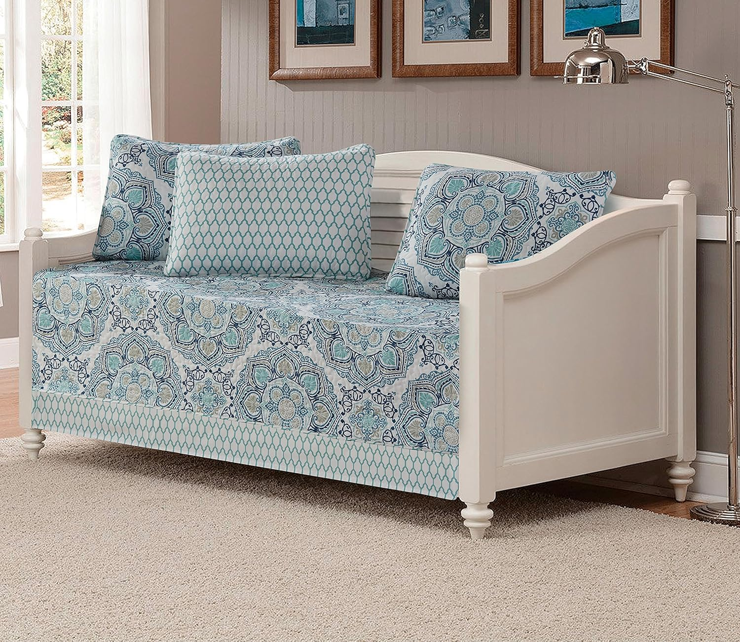 (King/California King) - Fancy Collection 3 Pc King/California King over Size Quilted Bedspread Set Aqua Turquoise Coastal Plain/"Grey Green" White Elegant Design New image number 4