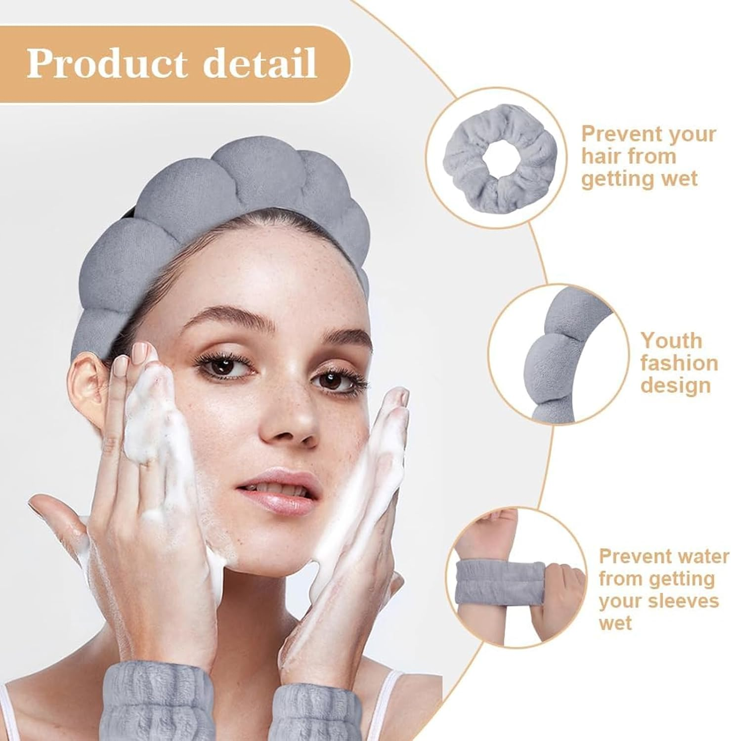 Skincare Headband, Makeup Headband Set with Wristbands, Grey Face Wash Headband and Wristband Set for Skincare, Makeup Removal, Shower, Includes Headband, Hair Clip and Wristbands image number 1