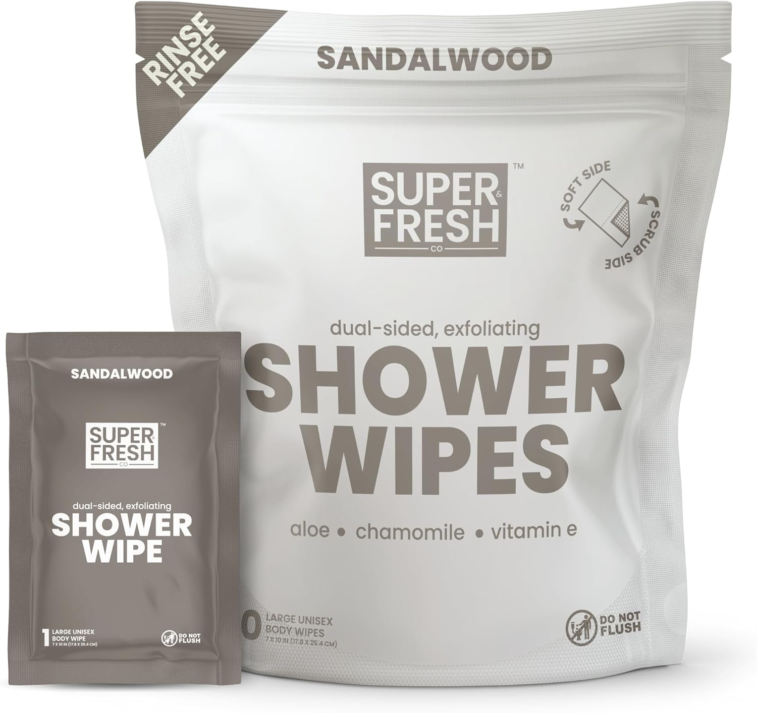 Super Fresh Shower Wipes Large Sandalwood Body Wipes for No Rinse Bathing Personal Hygiene Gym Travel or Camping Enriched with Aloe and Vitamin E 10 Individually Wrapped Disposable Sheets image number 1