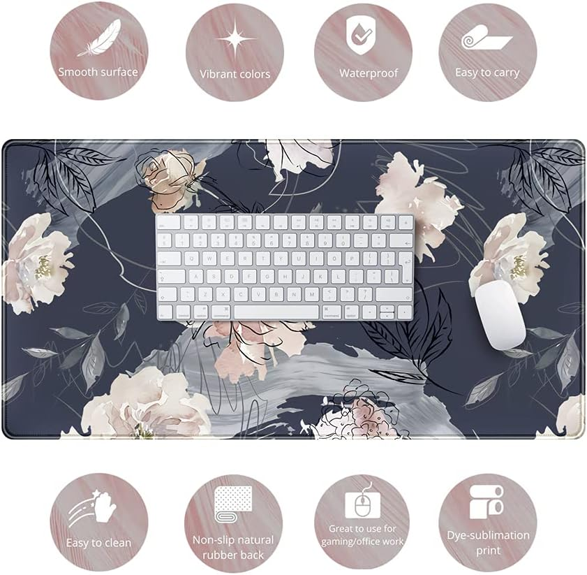 XL Mouse Pad Gaming Mouse Pad (31.5X15.7 In), Large Non-Slip Base Mousepad with Stitched Edges, Waterproof Keyboard Mouse Mat Desk Pad for Work Blue and Grey Pink White Peony &hellip; image number 2