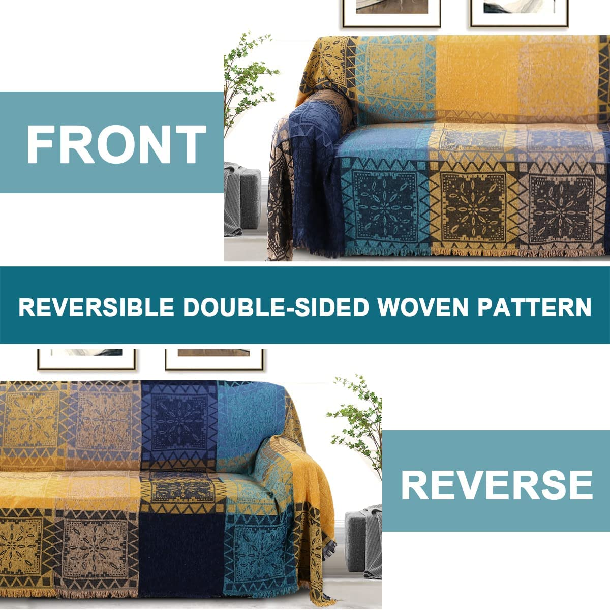 H.VERSAILTEX Boho Couch Cover Bohemian Cotton Sofa Cover Sofa Throw Cover for Couches Washable Sofa Couch Covers for Dogs Feature Hippie Chenille Jacquard Fabric(230Cm X 340Cm, Xx-Large, Yellow Navy) image number 5