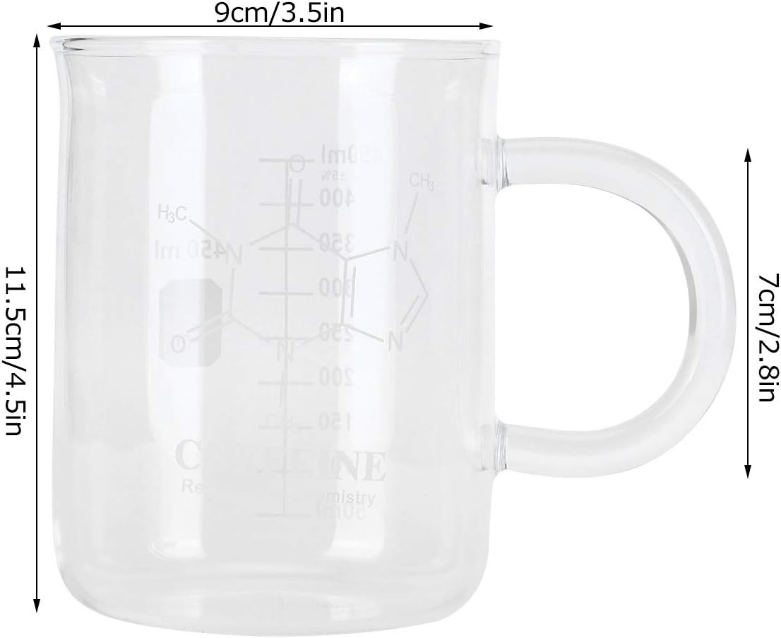 Leopacat Caffeine Beaker Mug, Caffeine Molecule Mug, Scientific Borosilicate Glass Chemistry Mug with Handle Graduated and Pouring Spout for Mocha Latte Milk Cappuccino Water Juice