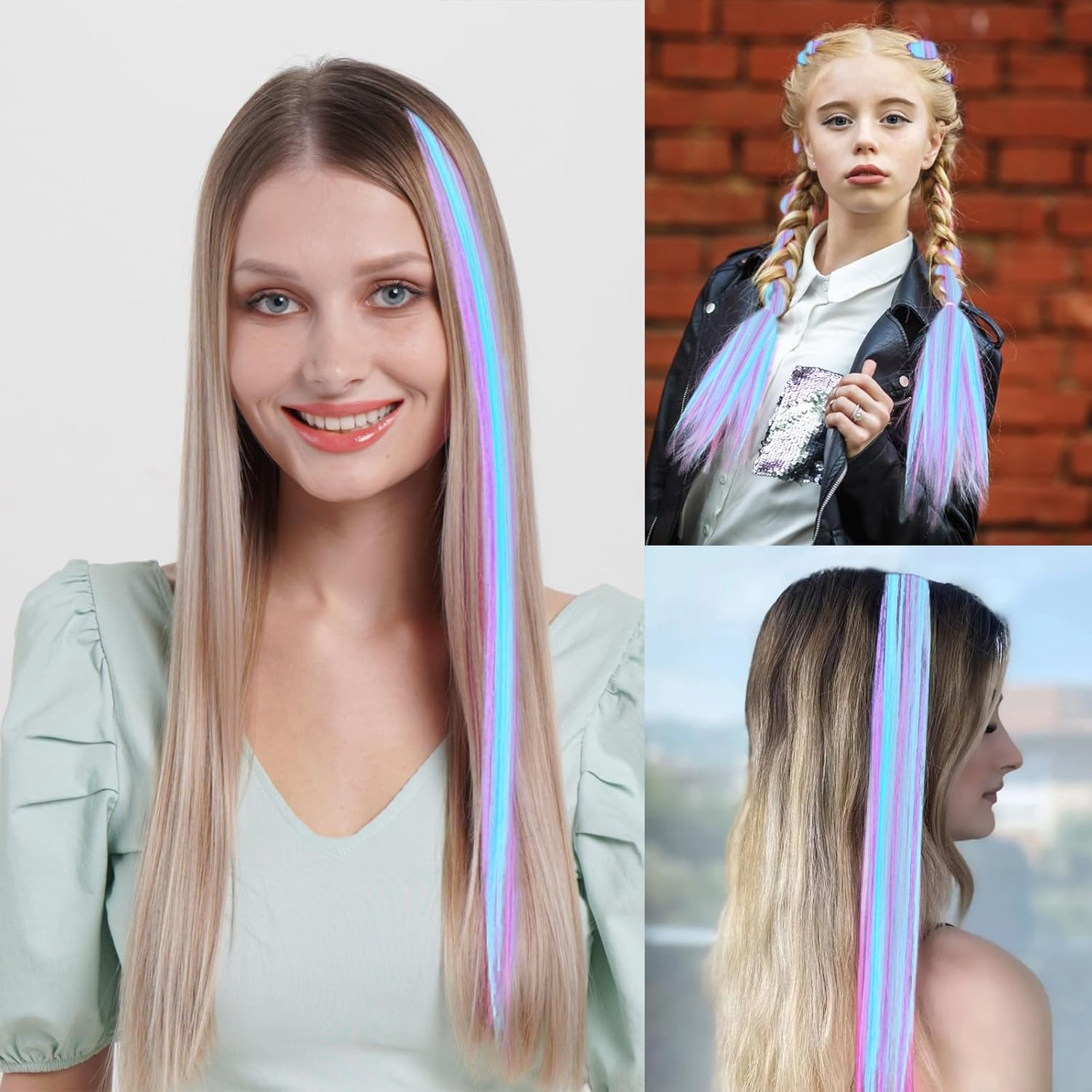 Healife Pack of 12 Clip-In Extensions, Hair Strands for Clip-In, Glitter Hair Bundles, Hairpiece with Clip Hair Extensions for Girls, Coloured Wire Hair Extensions, 9 Inch Clip-In Hair Bundles image number 4