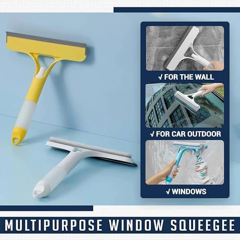 2025 New Window Cleaning Scraper 3 in 1, Squeegee for Shower Glass, Spray Function for Glass Doors and Windows, Mirrors Scraper, Brush. All-Purpose Window Cleaner Tool (Yellow+Blue+White) - Blue image number 2