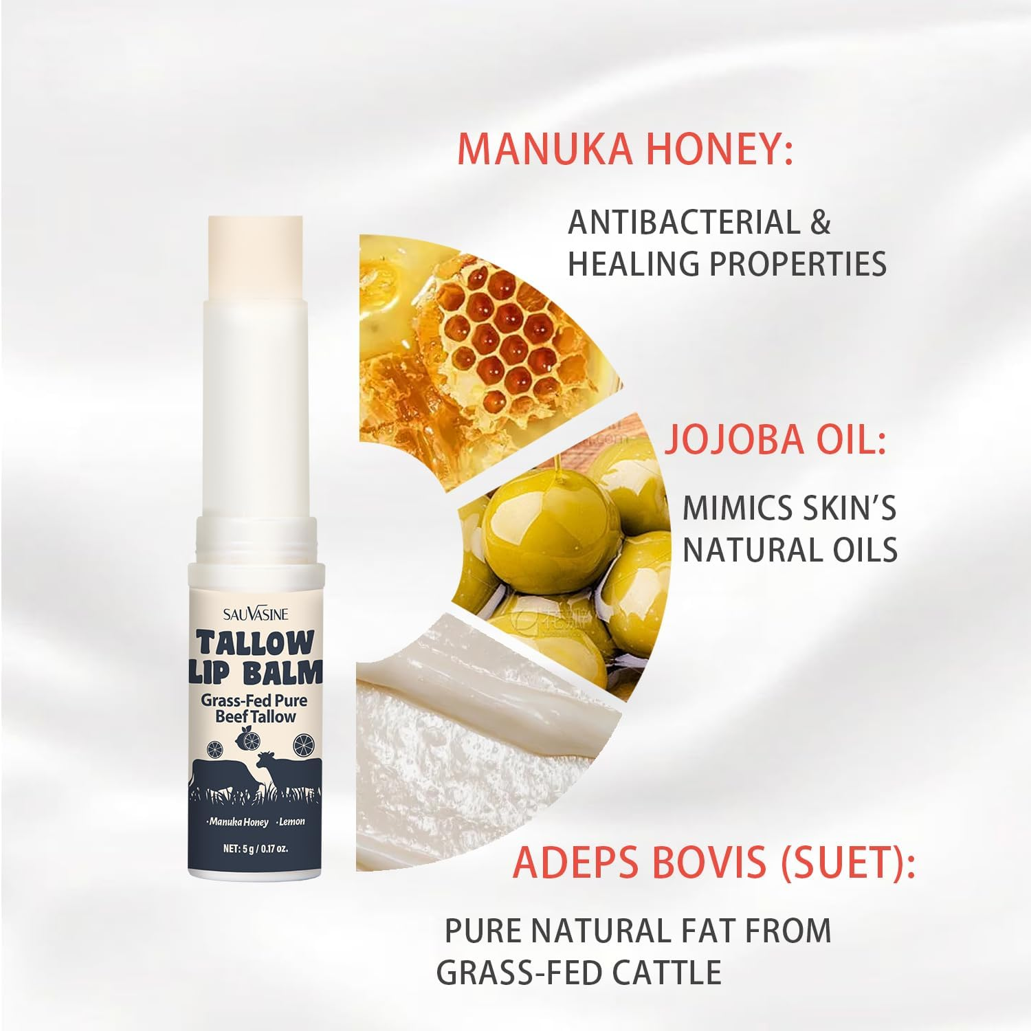 Tallow Lip Balm with Beeswax and Beef Tallow, Honey Flavour, Moisturizer Grass Fed Tallow Balm Care,5G*2 image number 2