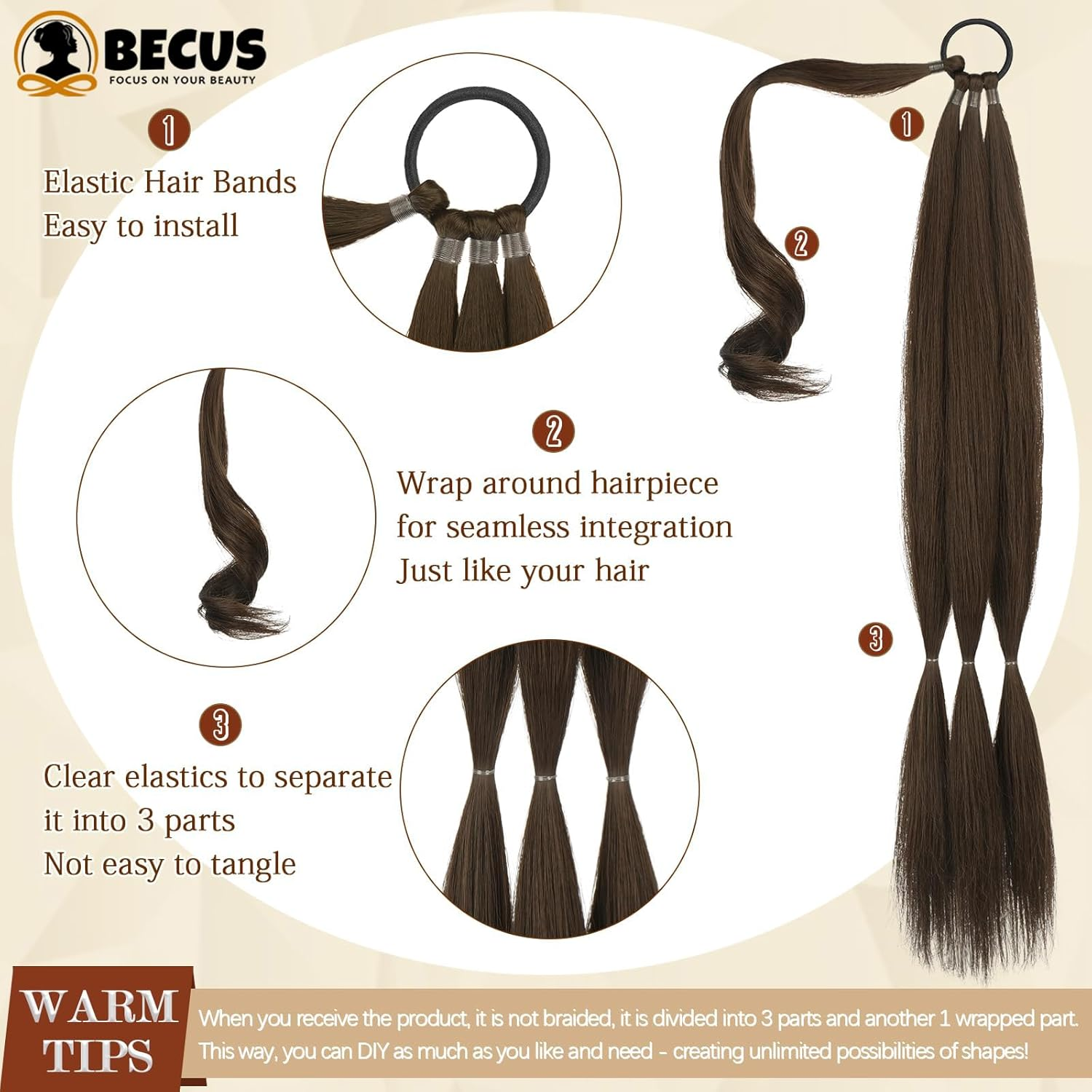 BECUS Long Braid Ponytail Extension with Elastic Tie Straight Sleek Wrap around Braid Hair Extensions for Women Ponytail Natural Soft Synthetic Hairpiece Black Brown 32 Inch(After Braided 30 Inch) - Blonde image number 4